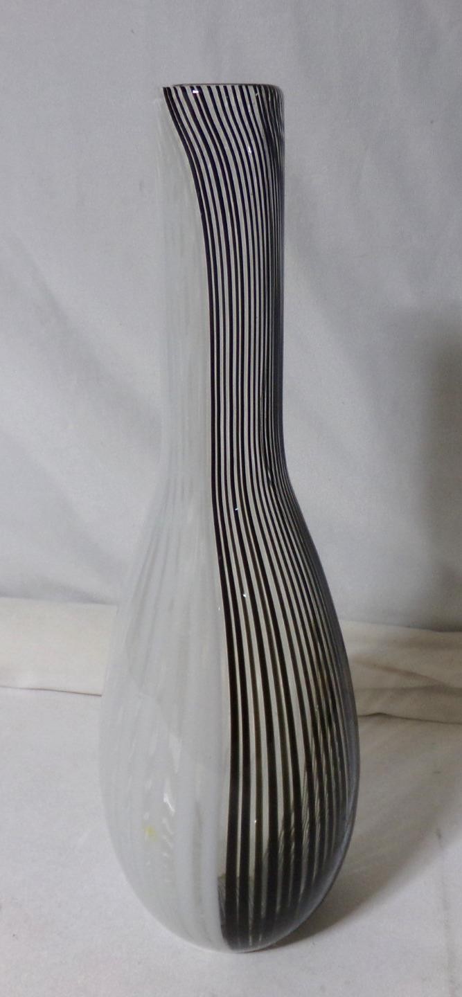 Mid Century Modern Black & White Vertical Stripe Art Glass Vase