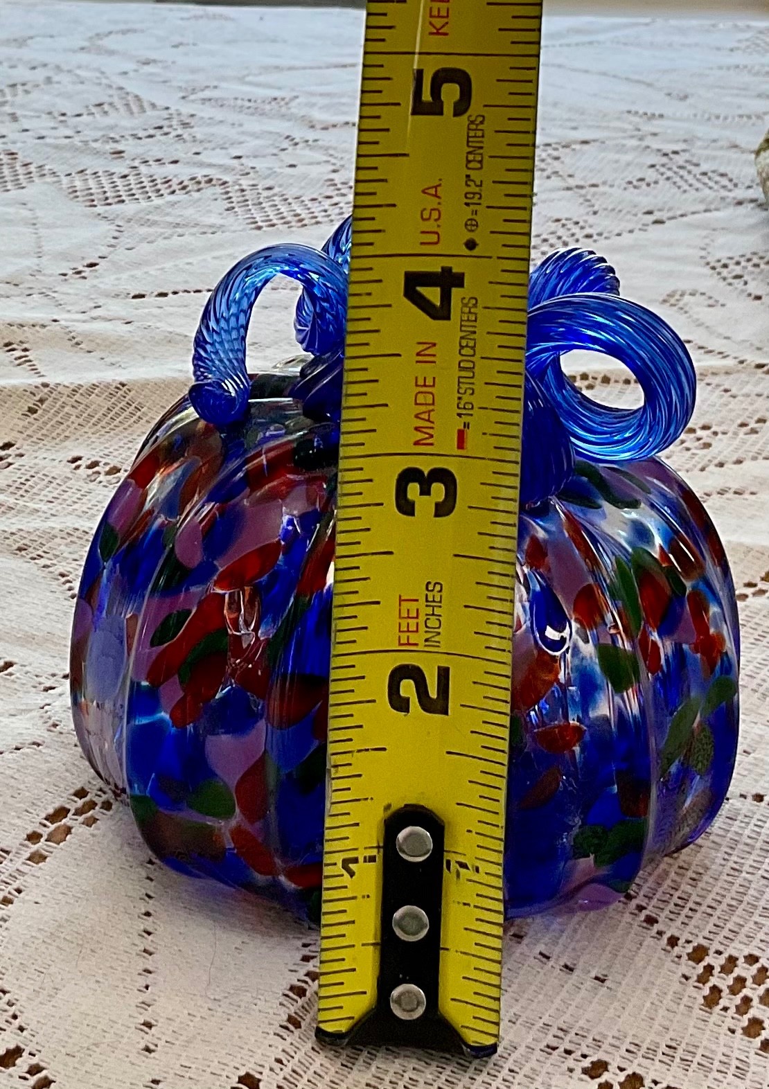 Cobalt Blue Hand Blown Art Glass Multicolored Confetti Spotted Pumpkin