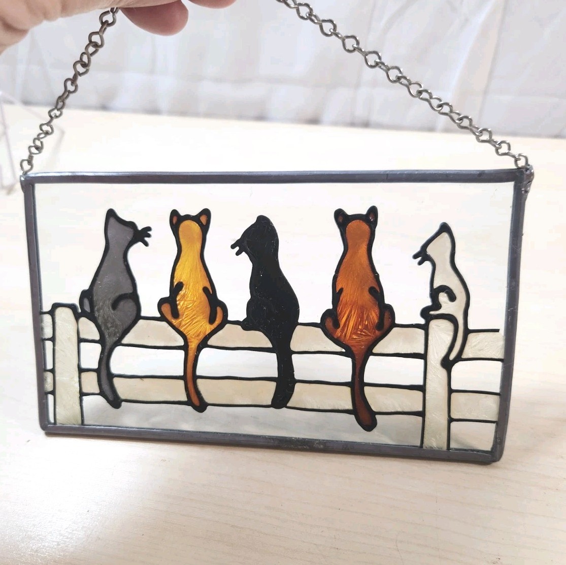Stained Glass Framed Window Panel FIVE CATS ON A FENCE 7″ x 4 1/8″ Chain Hanger