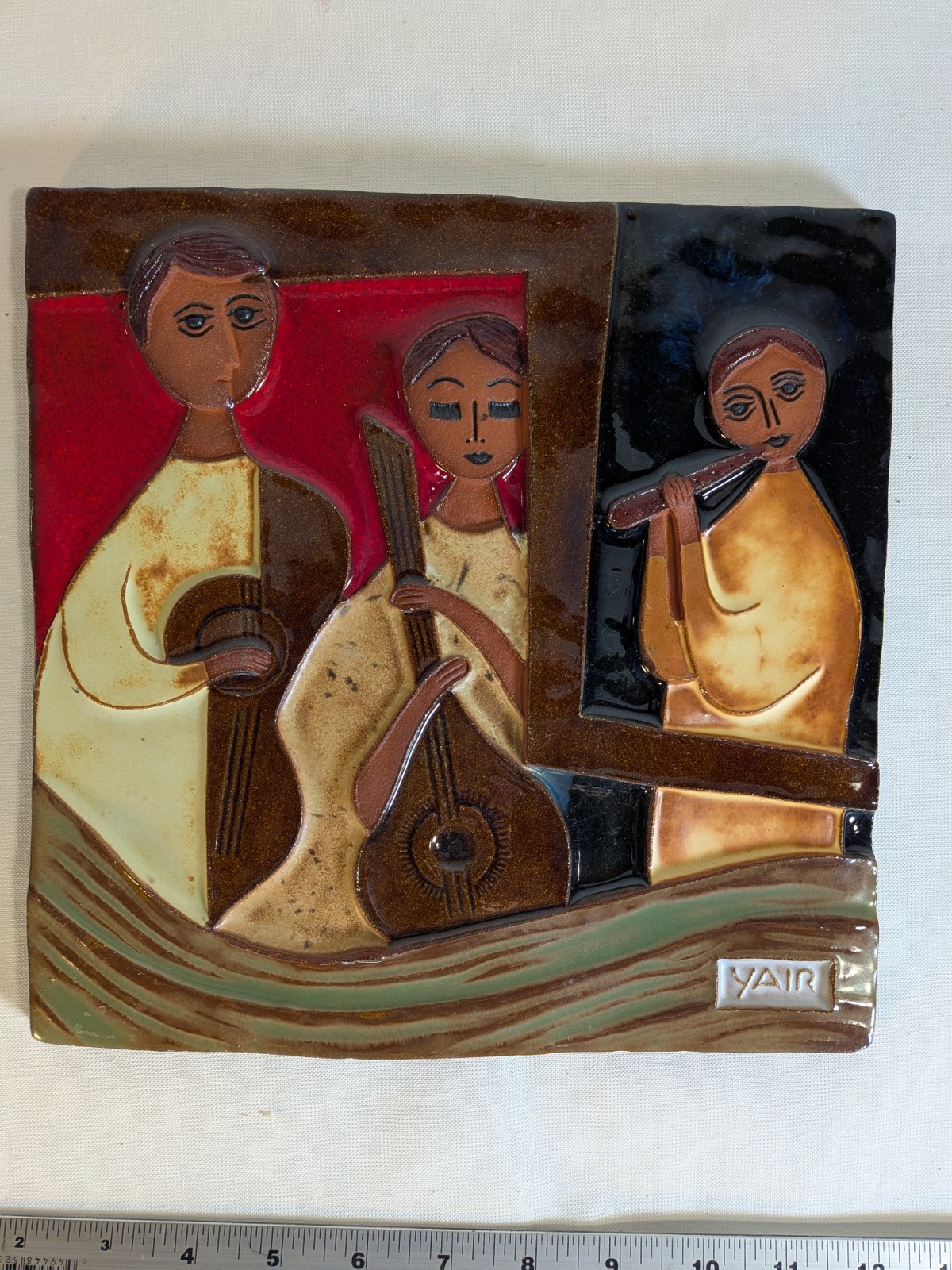 Large YAIR COHEN Studio Pottery Ceramic Wall Plaque Tile Musicians mcm Modernist