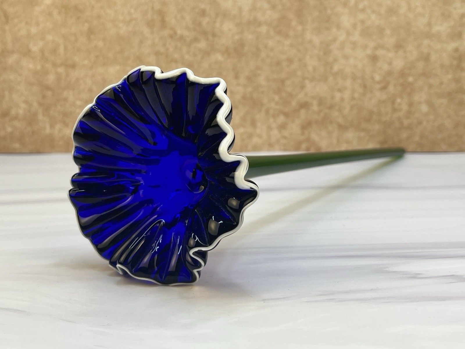 Hand Blown Art Glass Flower Cobalt Blue White Ruffle Green Stem 15 Inch