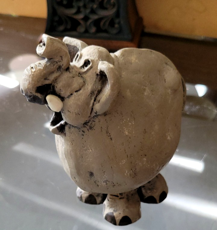 Quirky Derpy Elephant Lucky Trunk Up Handcrafted Clay Figure Animal Vintage