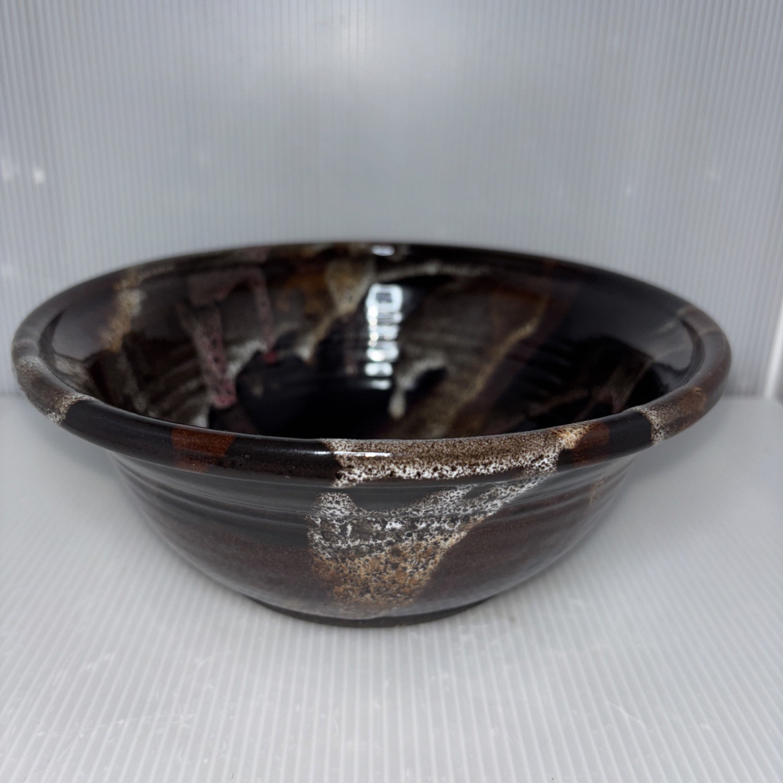 Rare Earth Pottery Bowl Drip Glaze Browns, Red, White 8” x 3.5”