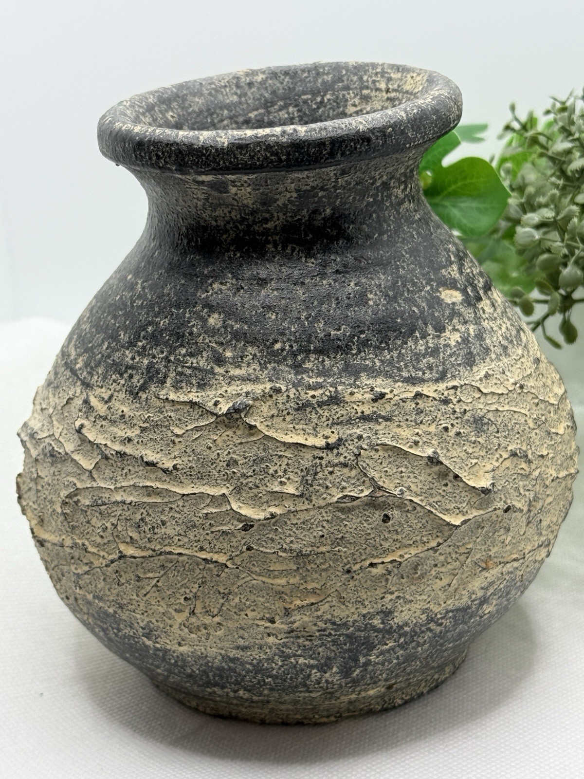 Vintage Hand Thrown Textured Rustic Clay Vase/Planter In Gray And Cream