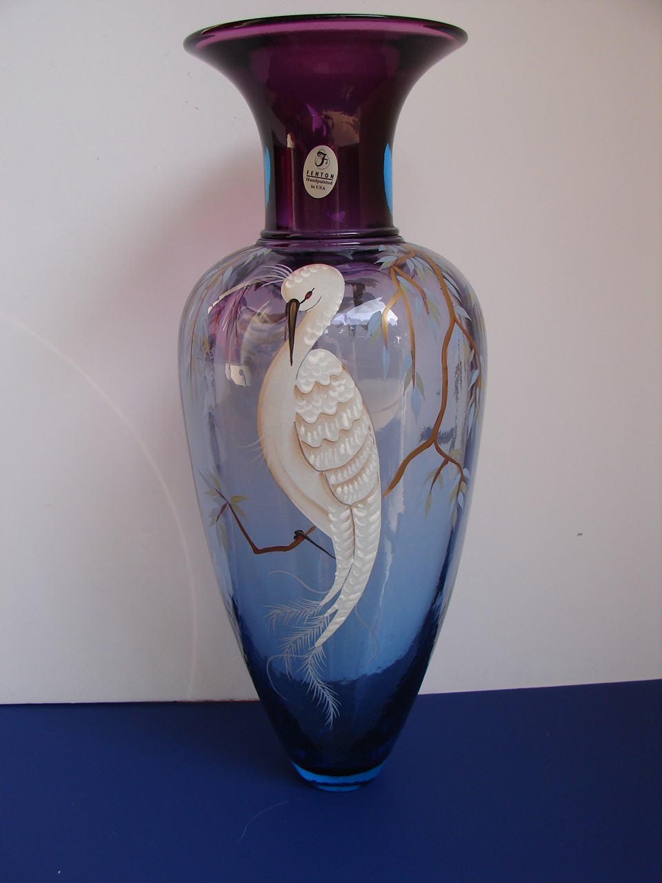 Fenton Art Glass Mulberry Blue Mystical Bird Amphora Vase 1999 Signed 575/1250
