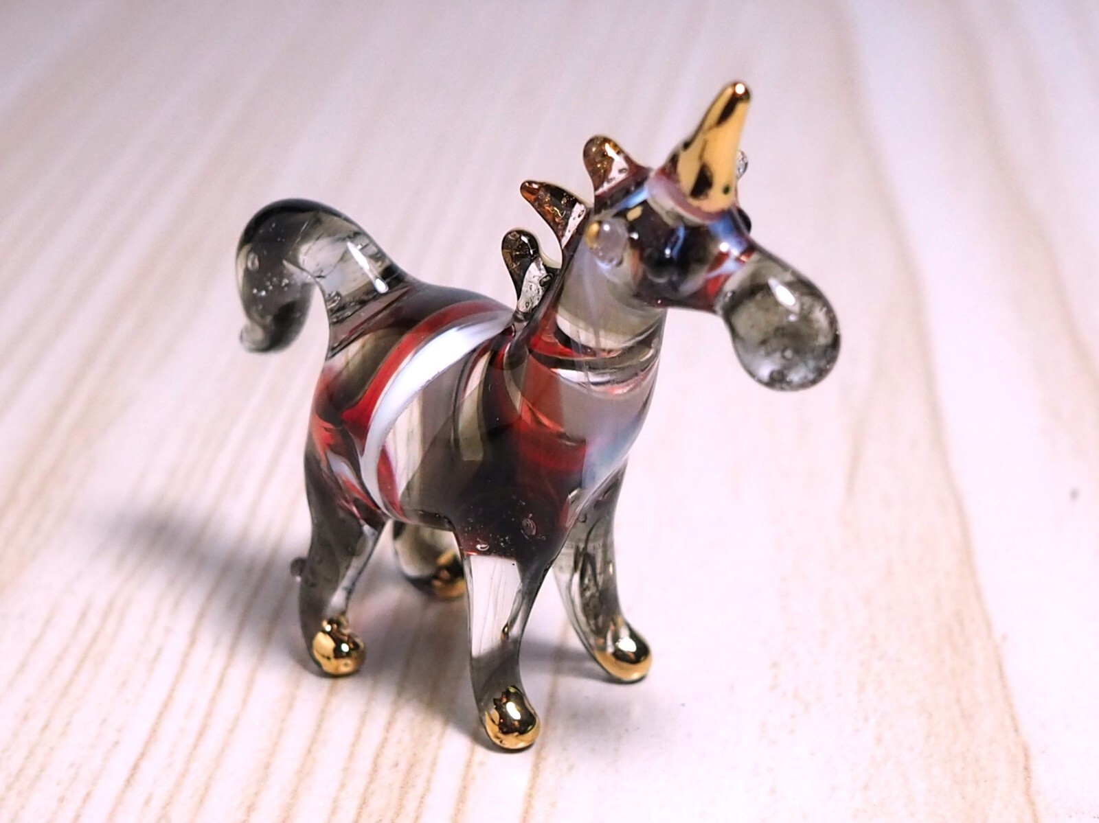 black Unicorn horse figurine hand blown glass art Myth gold trim 1.8″ gift decor