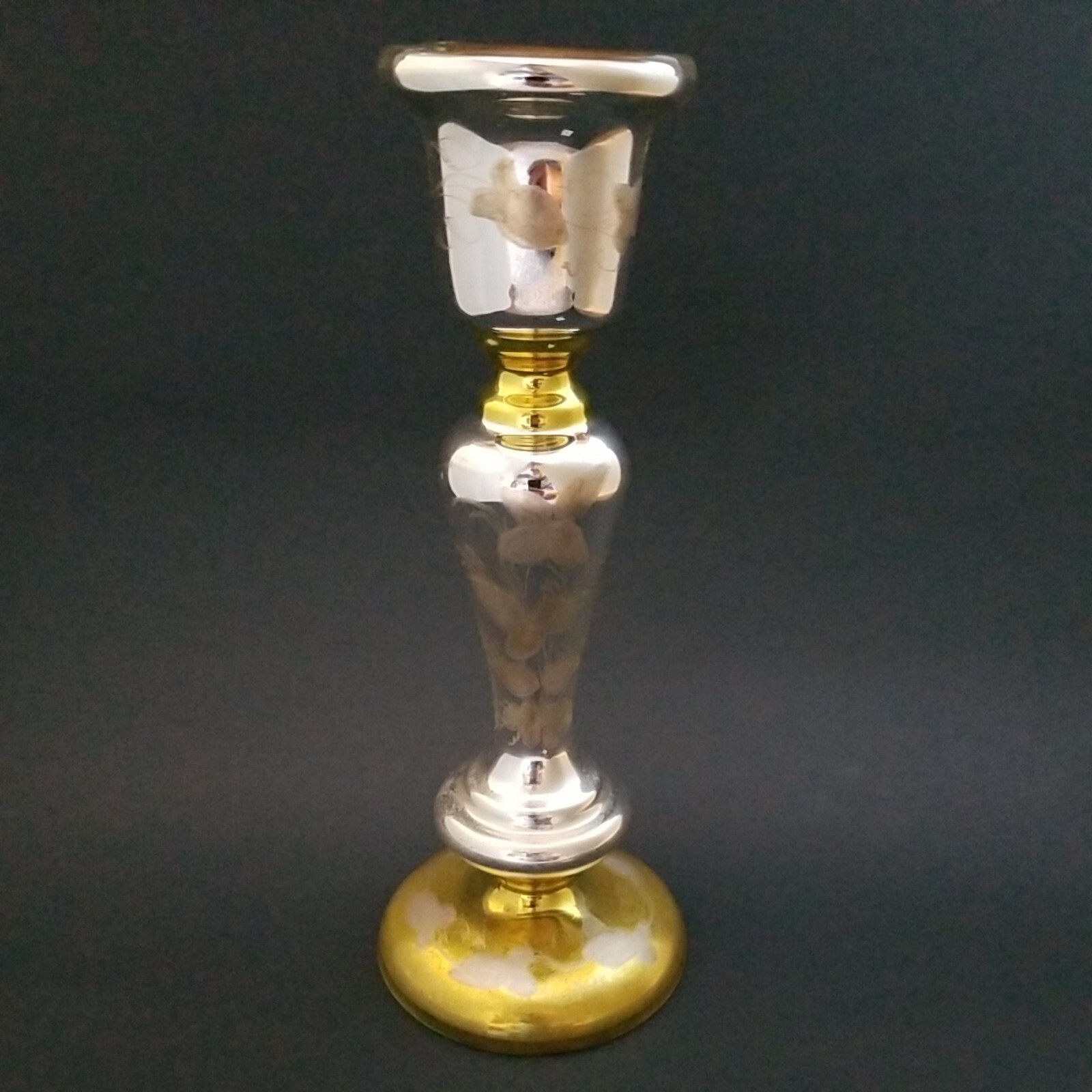 ATQ/VTG French Style Silver/Yellow MERCURY GLASS CANDLEHOLDER Floral Etching 9″