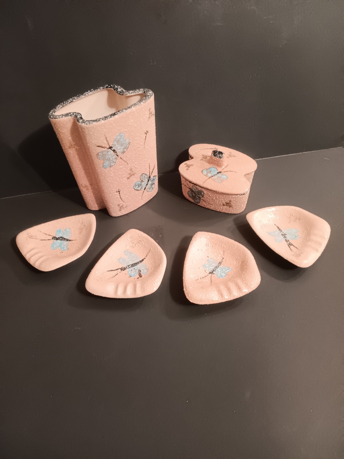 Vintage 7 pc La Miona Pottery Set In Pink Textured Glaze with Blue Butterflys