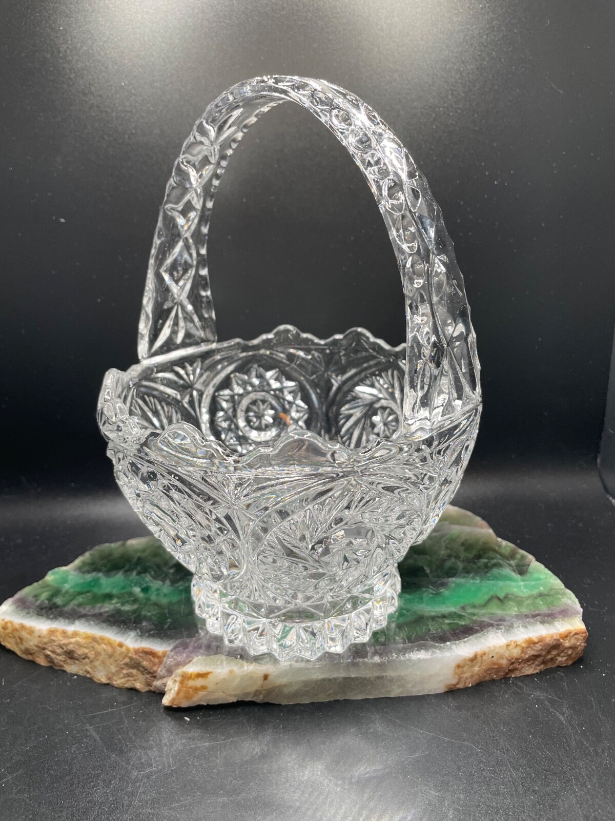 Pressed Glass Basket Bowl with Handle 8 in tall Swirl Pattern 6 in diameter