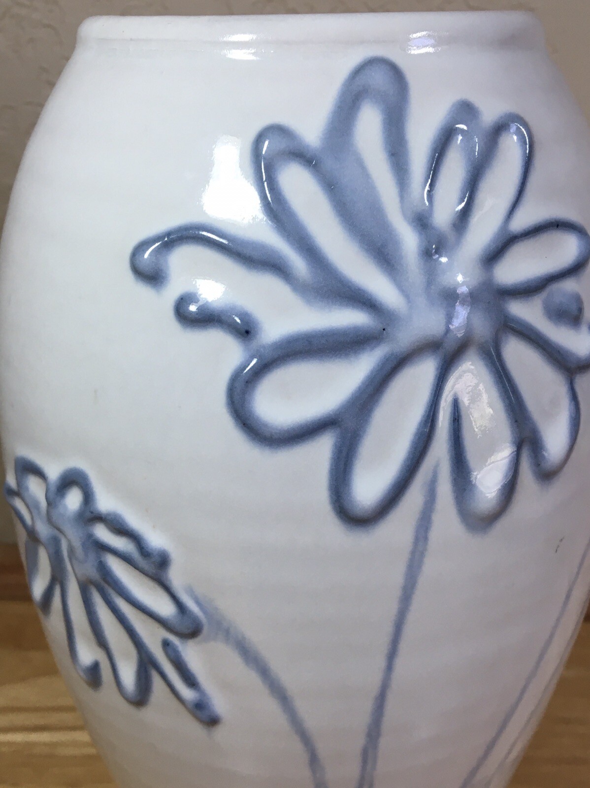 Studio Art Pottery Vase Raised Blue Flowers Cream Glaze Abstract Signed 8.75 in