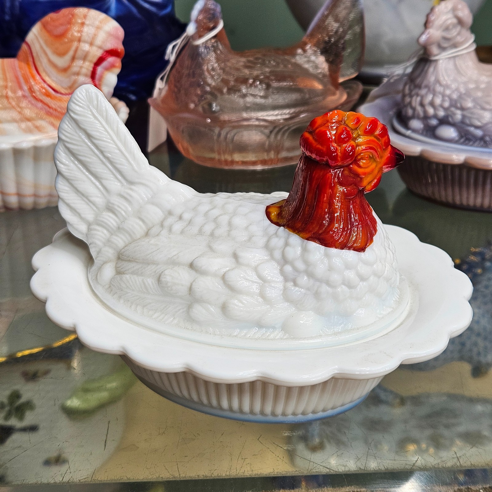 Mosser Slag Glass Head Hen On Nest Cadmium Glow