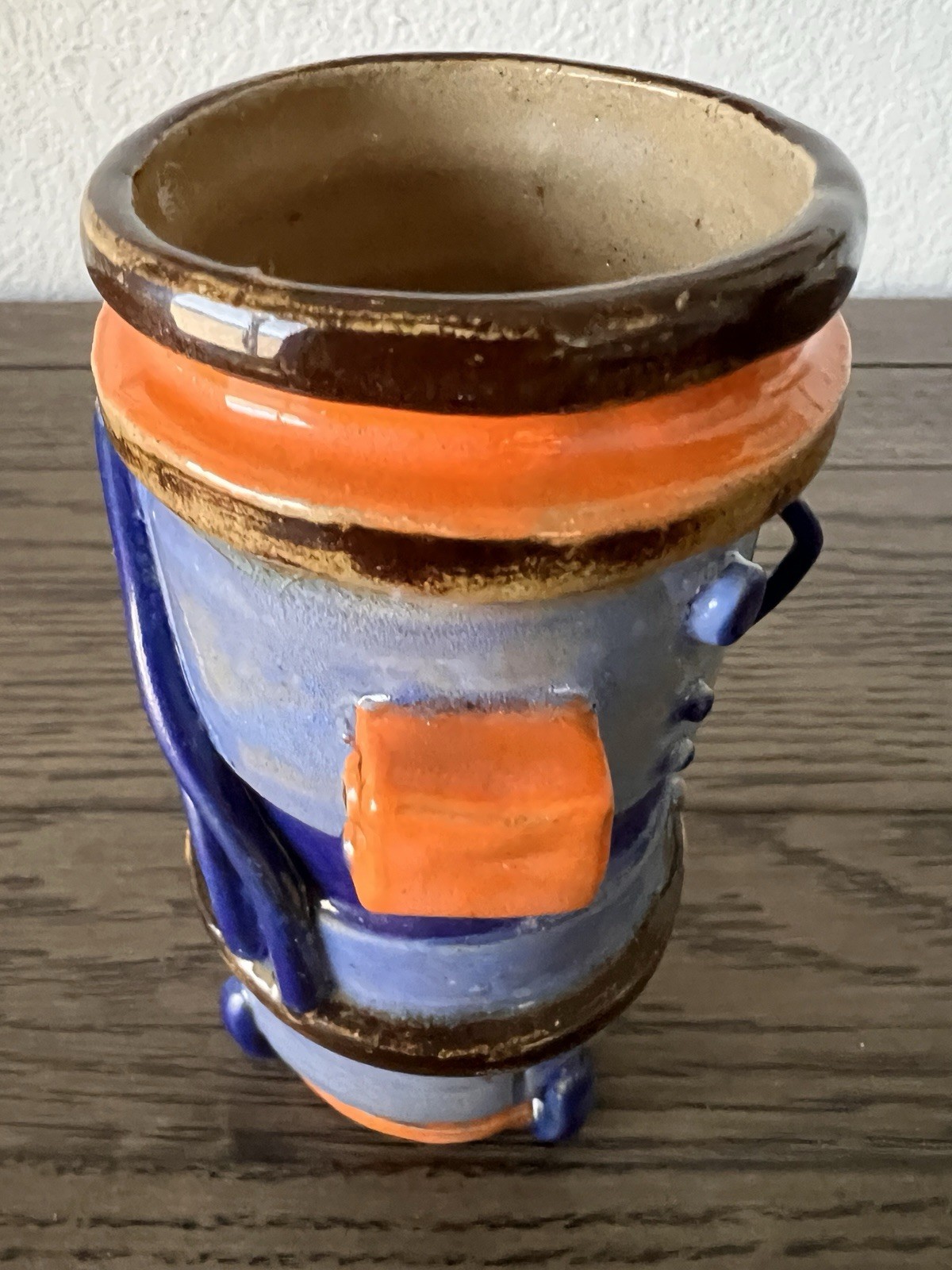 Studio Pottery Artist Signed Steampunk Industrial Abstract Design Vase Cup 5.75″