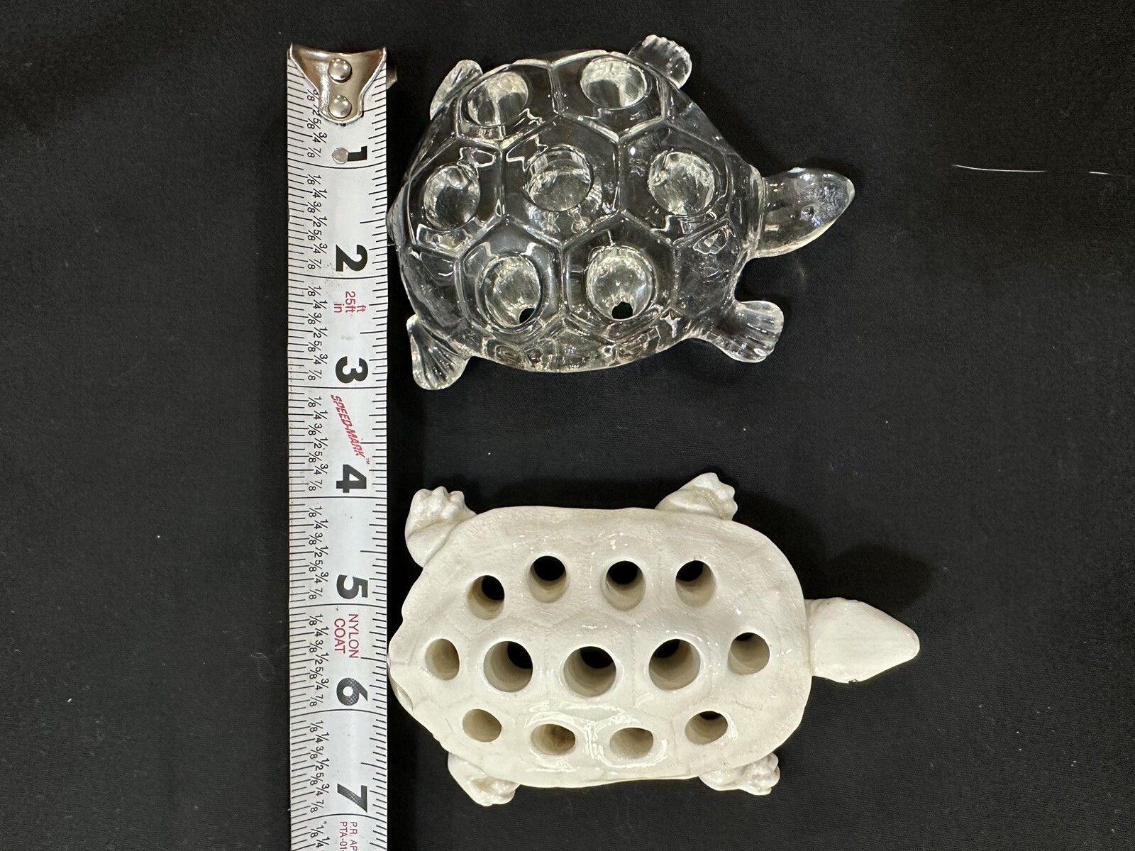 Vintage Pair Turtle Shaped Flower Frog Clear Glass & Porcelain Est 30s Northwood
