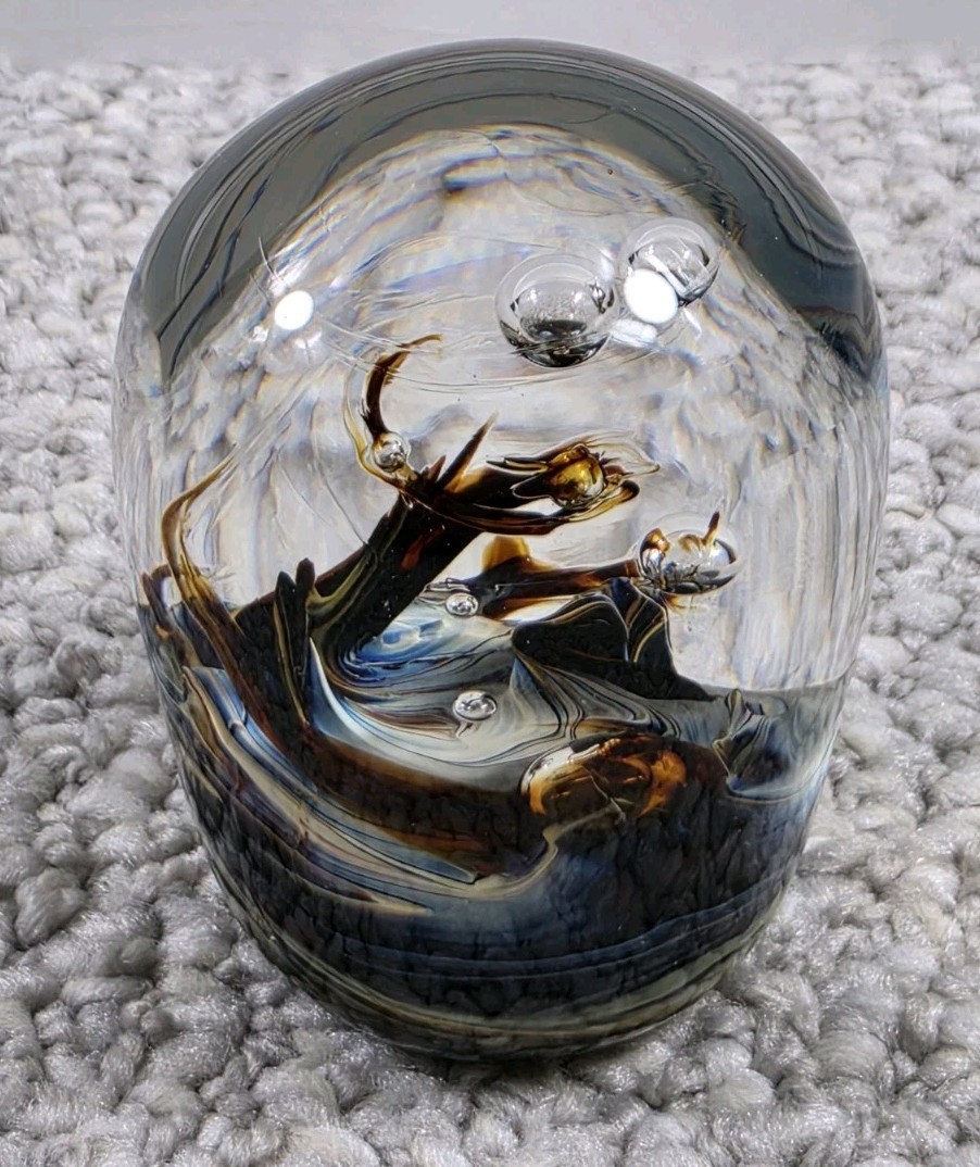 Vintage 1990 Rebecca Stewart 3″ Clear Blown Art Glass Paperweight Wavy Abstract