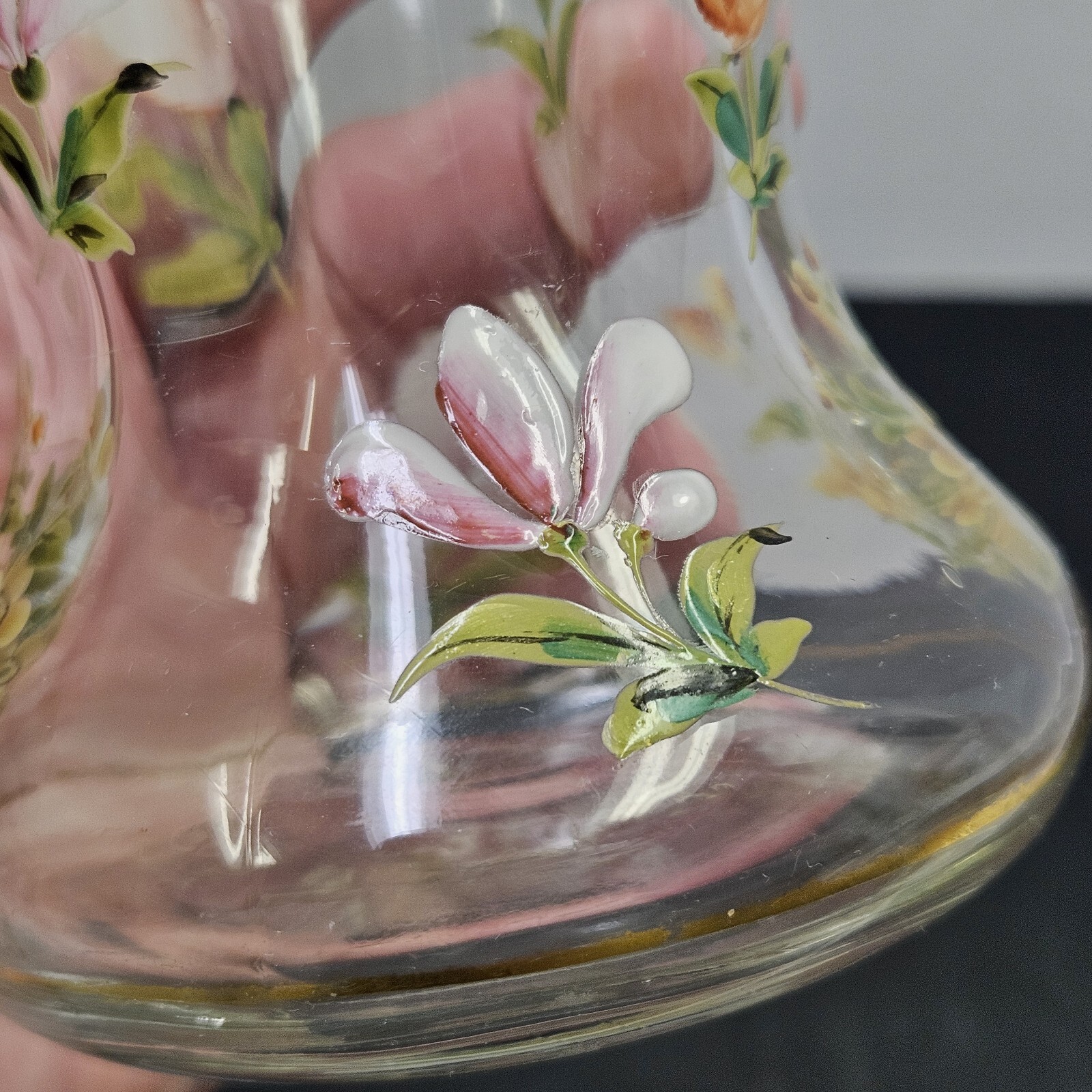 VTG French Style Hand Painted Enamel Flowers Glass Vase Victorian Cottagecore