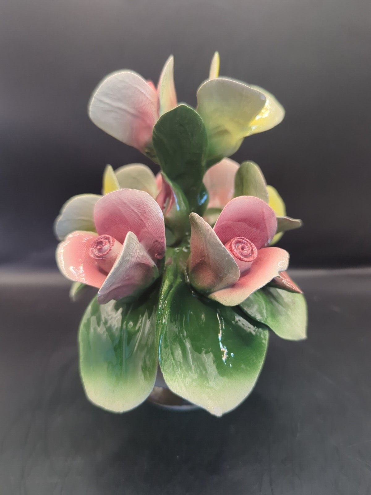 Vintage Nuova Capodimonte Pink And Yellow Rose Buds In Basket – Made in Italy
