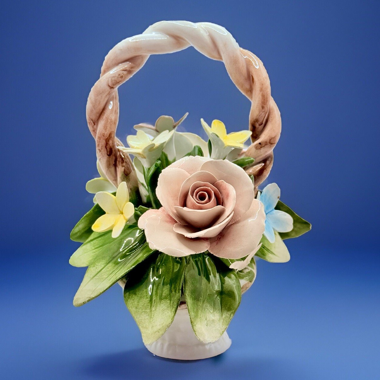 Vintage CAPODIMONTE Flower Basket Italian Porcelain Roses Centerpiece