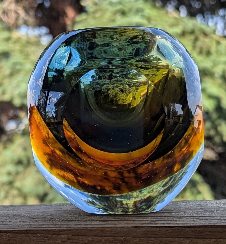 Vintage Murano Sommerso Art Glass Candle Holder Faceted Ball Green Amber Vase
