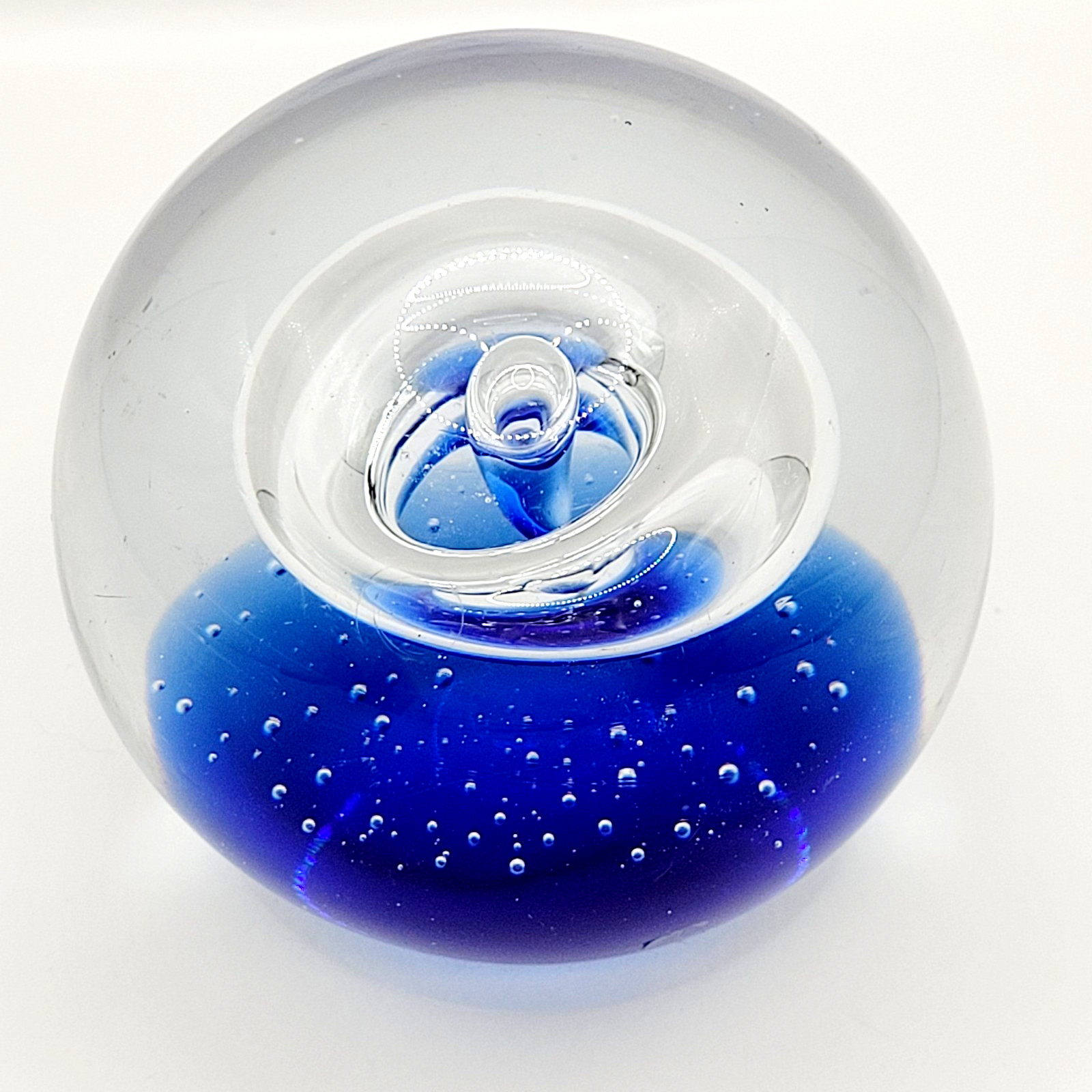 Blown Art Glass Paperweight Cobalt Blue w Clear Donut Hole Controlled Bubbles