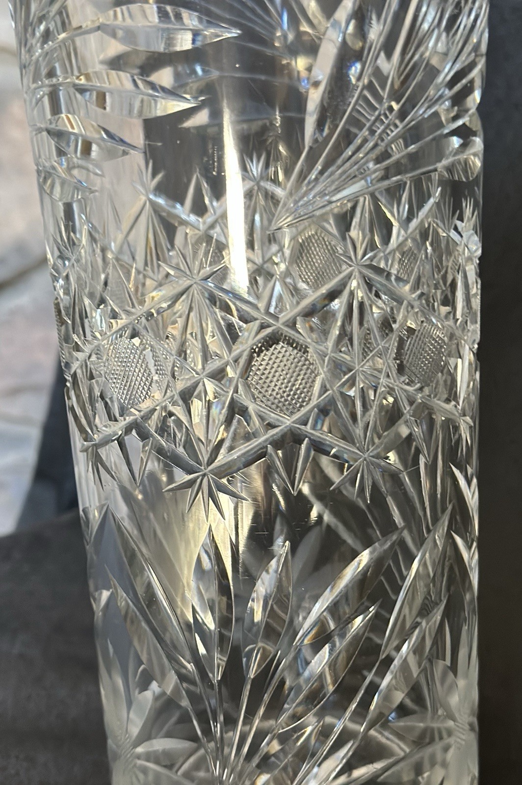 Antique American Brilliant Cut Glass Vase 12” Floral Daisy Pattern Zig Zag Rim