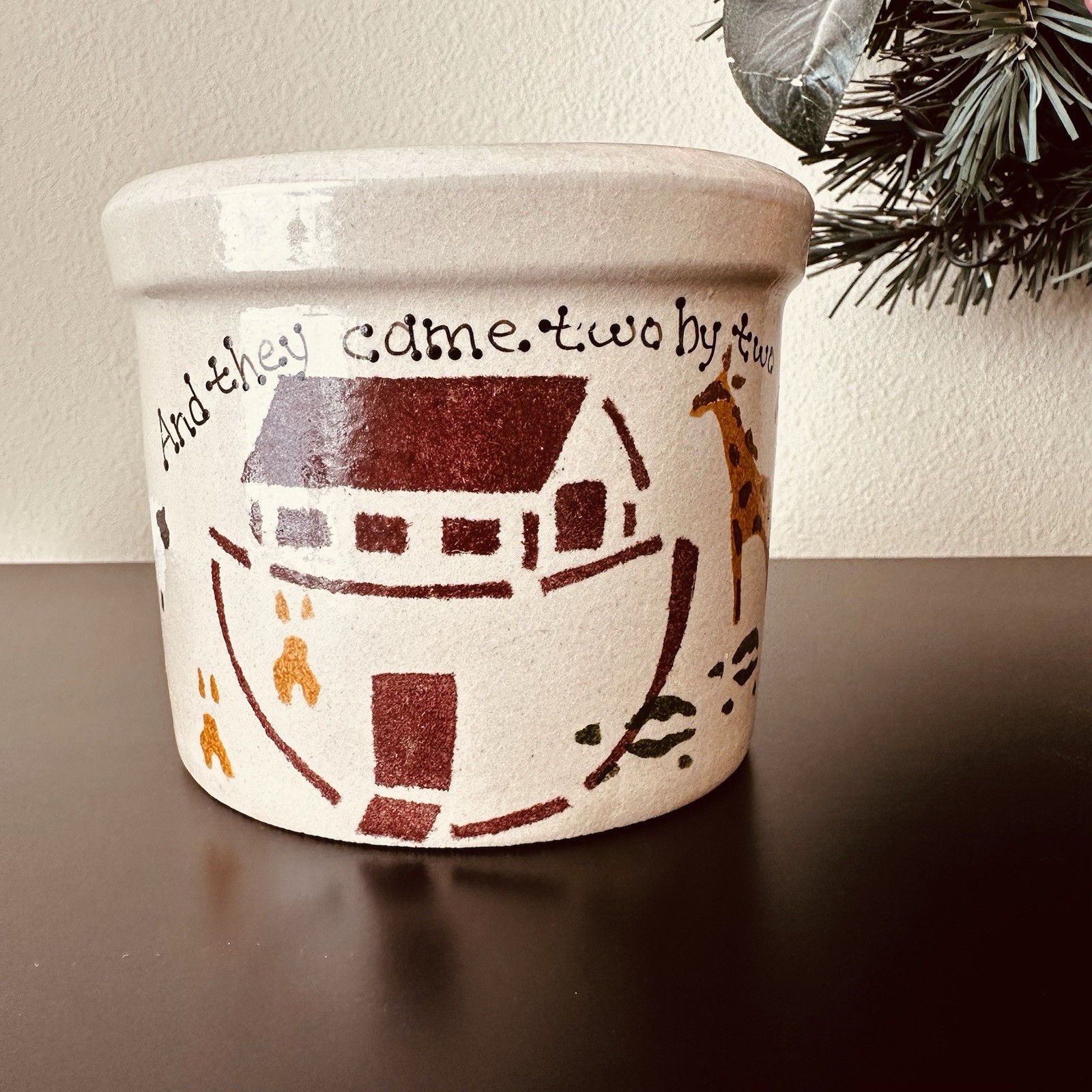 Vintage Noah’s Ark Giraffe Nursery Crock Cup “Two By Two” Animals 1 Pint Pottery