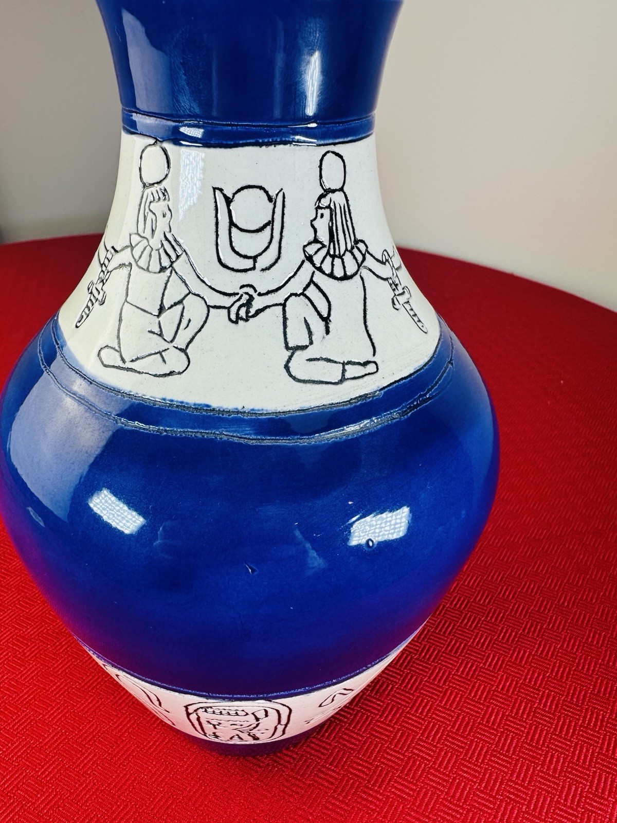 Vtg Egyptian Revival Blue Ceramic Vase Hand-Painted Hieroglyphs 10” BUR 4779