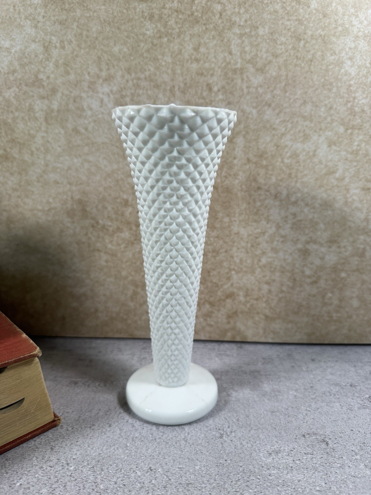 Vintage White Milk Glass Hobnail Bud Vase Footed 8” Diamond Pattern