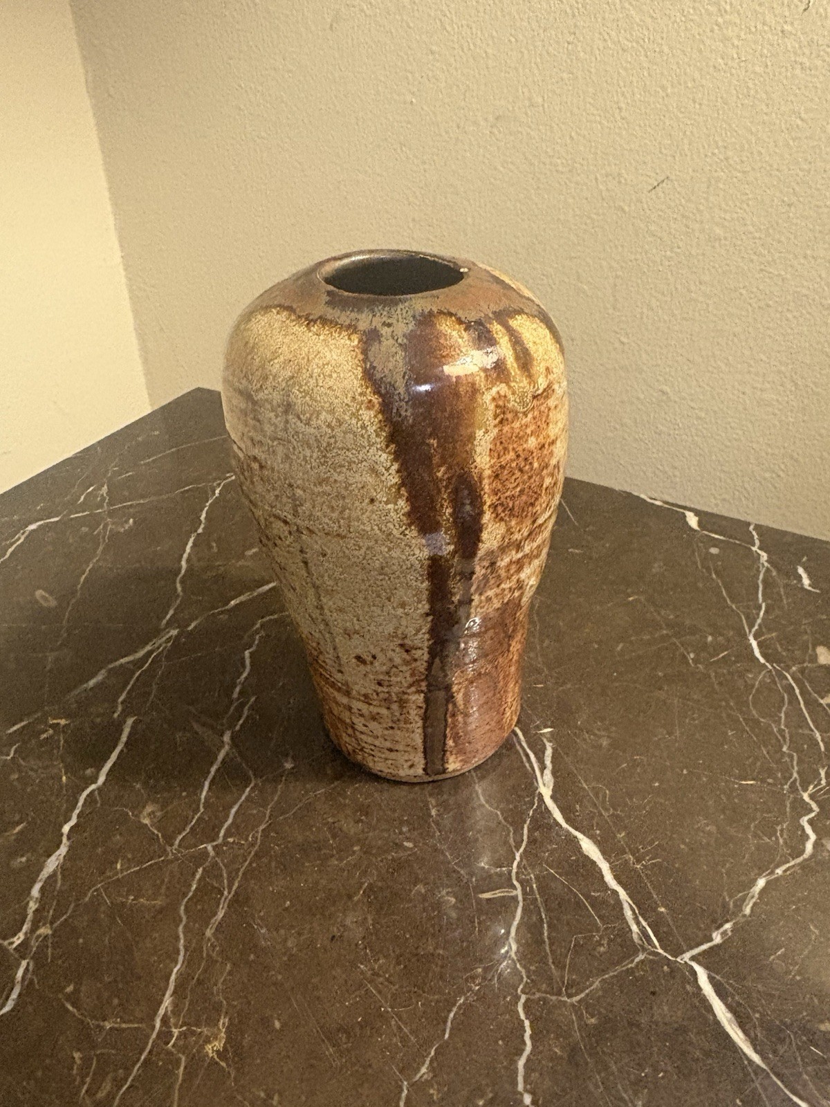 Ceramic Pottery Vase – Drip Glazed in Brown Tan Earth Tones – 6” H Signed MKL
