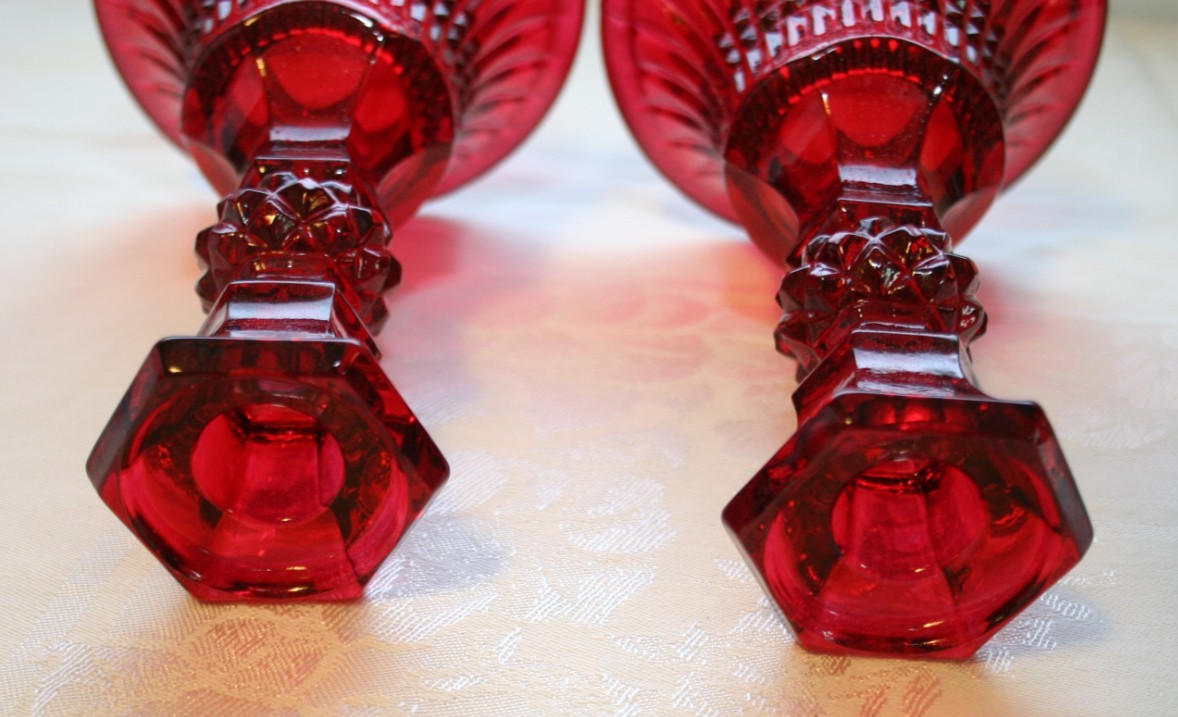 2 Red Diamond Point Candlesticks Indiana Glass