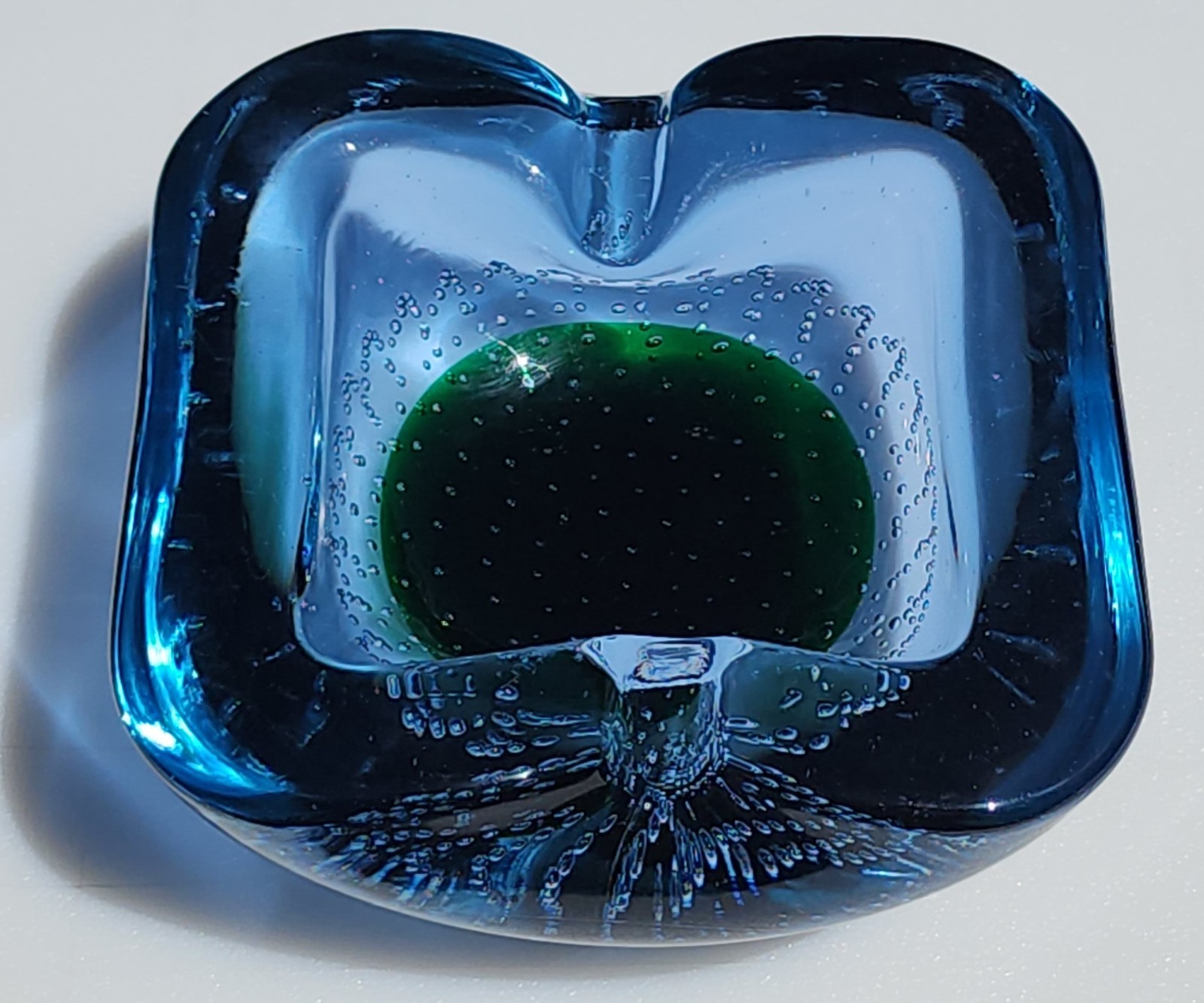 Vintage Blue & Green Blown Glass Ashtray with Controlled Bubbles Art Glass
