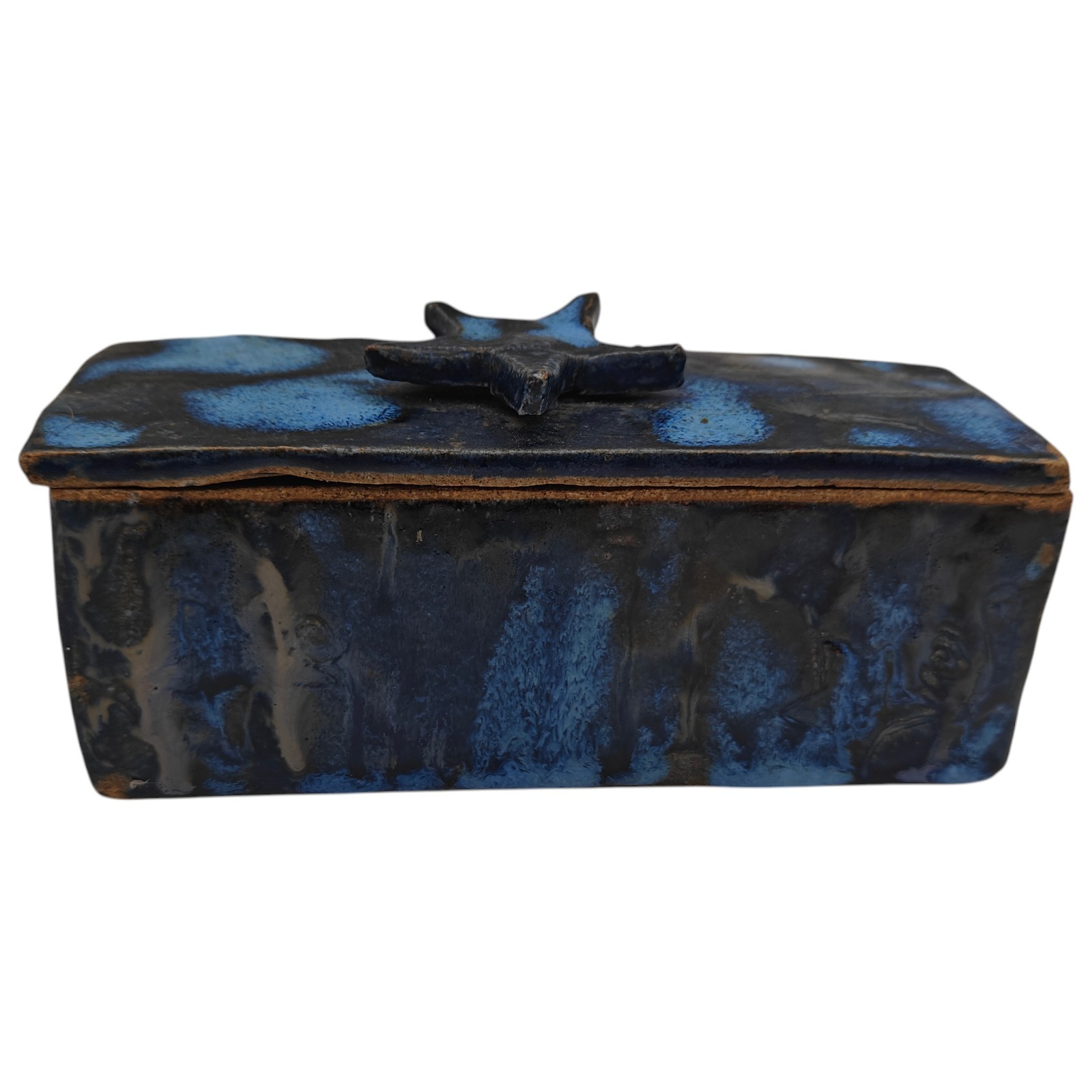Studio Art Pottery Lidded Trinket Box Cobalt Blue Stars Signed