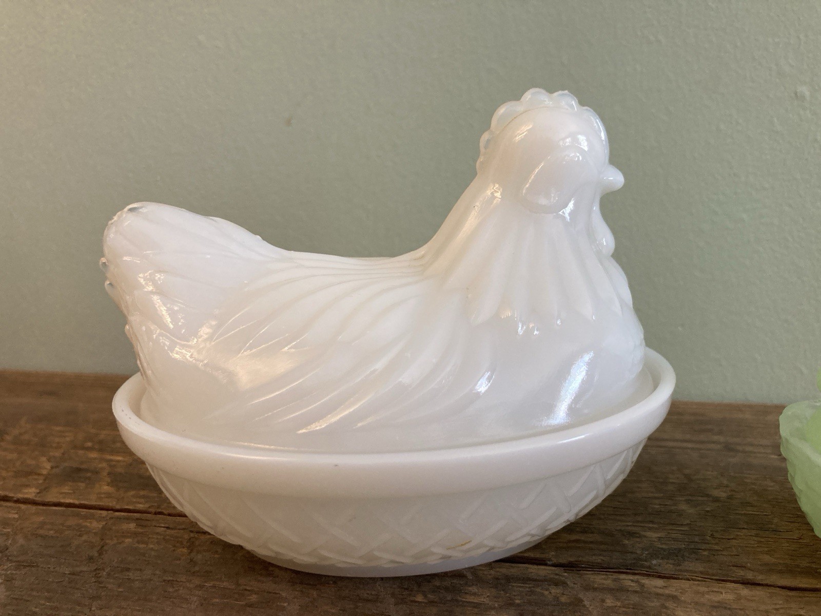 Jadeite Rabbit Bunny On Nest 2.5” & Translucent Milk Glass Hen On Nest 4.5”