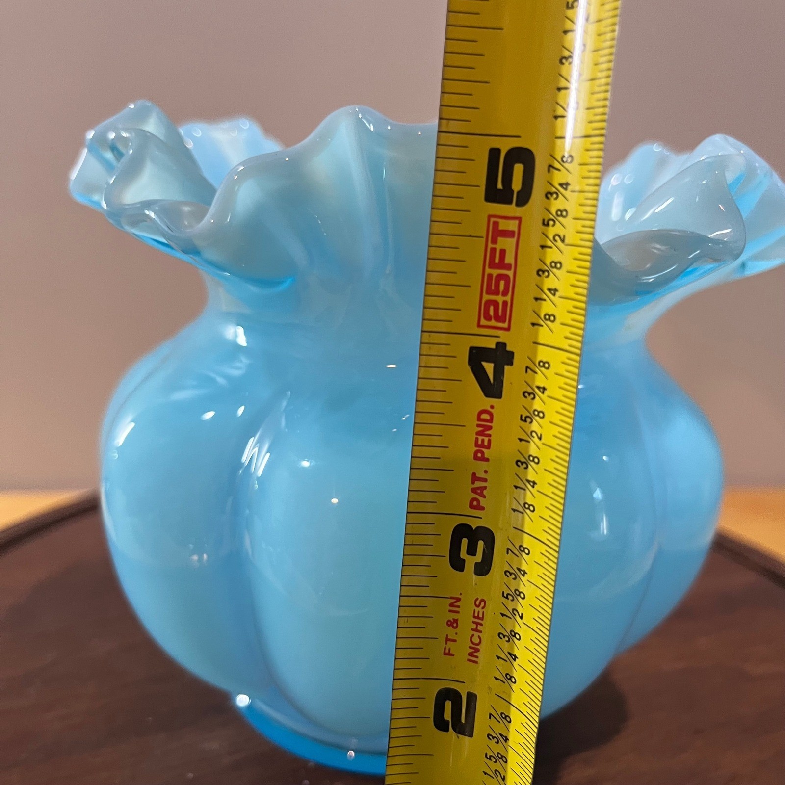 Vtg Blue Opalescent Melon Ribbed Ruffled Rim Art Glass Vase MCM Decor