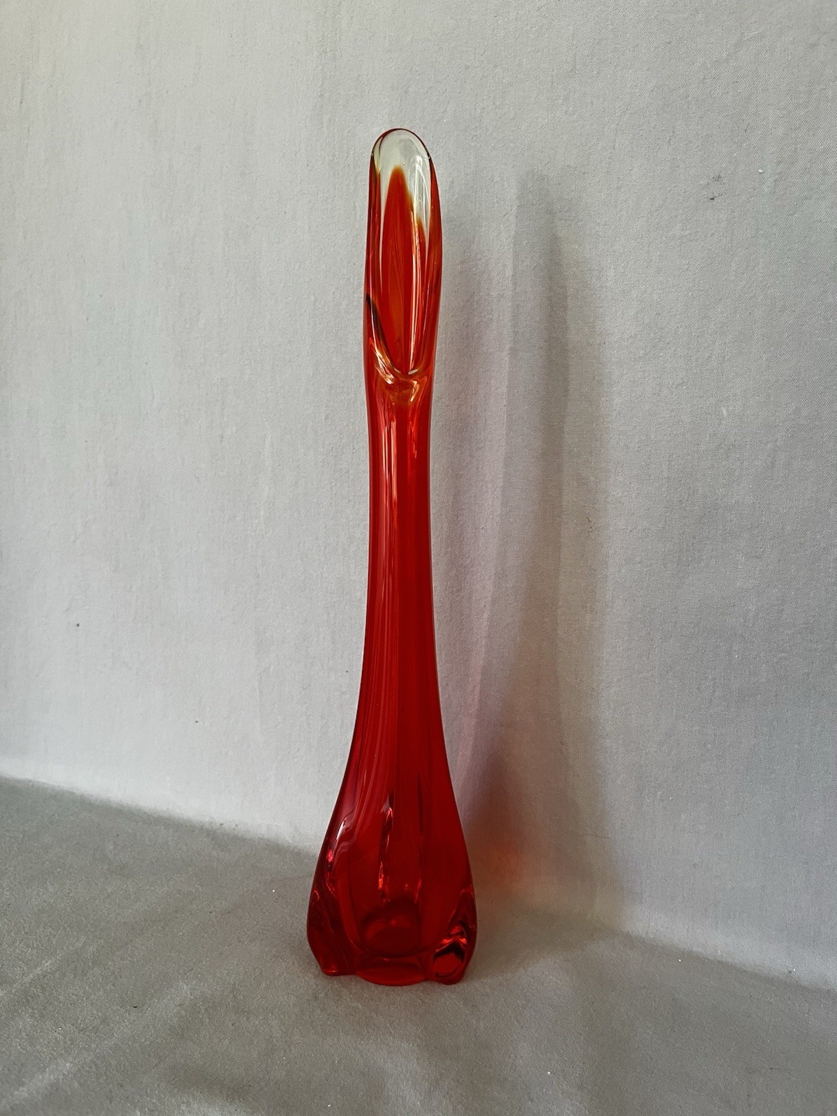 Viking Glass 12.5” 3 Foil Drape Persimmon Orange Swung Glass Bud Vase VTG MCM