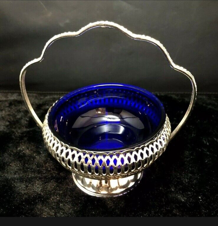 Reticulated Silver Basket Cobalt Blue Glass Liner Sugar Condiment Server