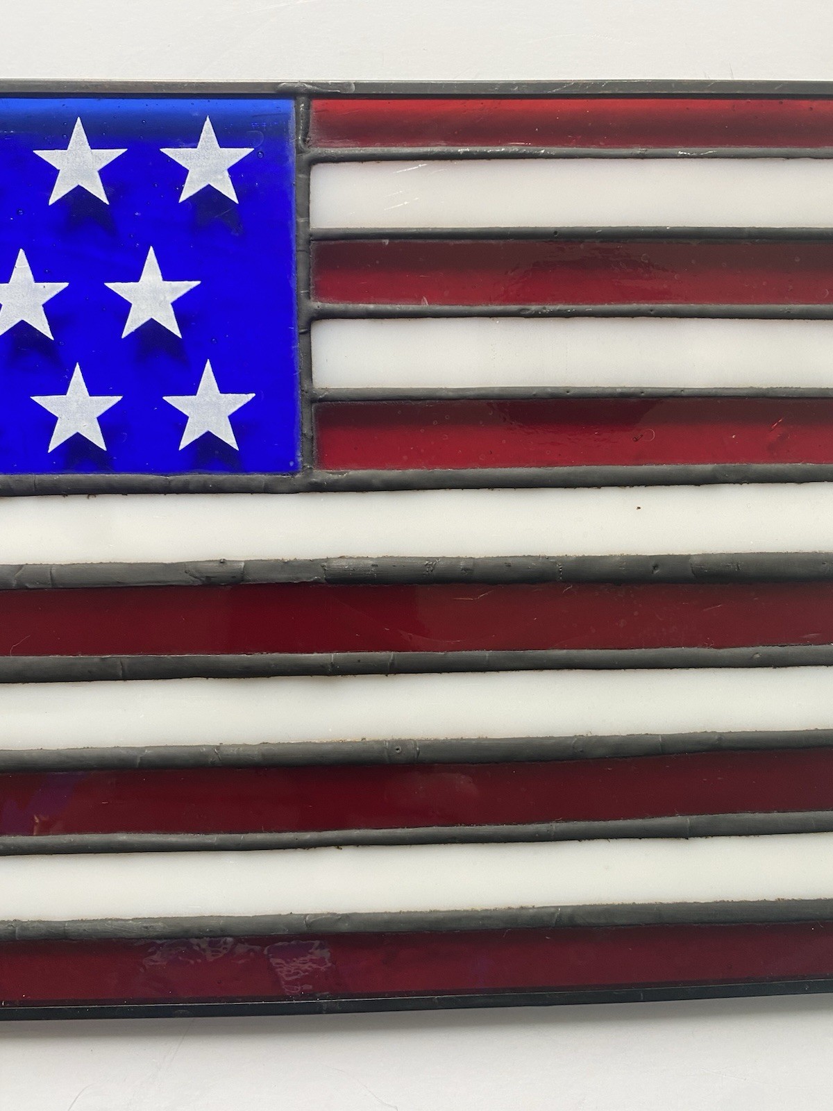 Leaded Stain Glass American Flag Window Panel 12”x7.25” Hanging Loops Sun Catch