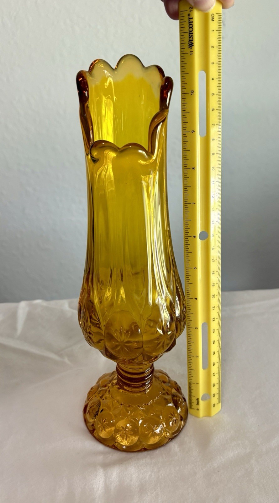Vtg Kanawha Amber Moon and Stars Swung Glass Vase MCM Pedestal Mid-Century ￼