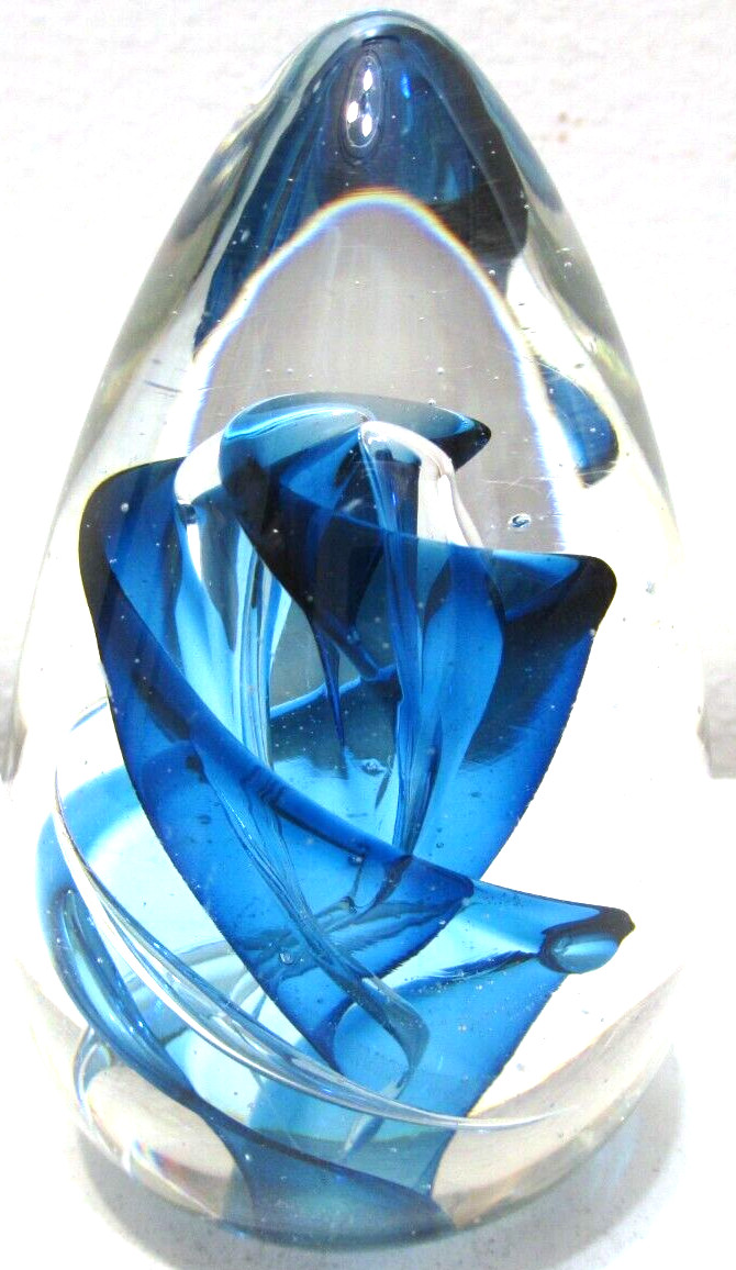 Handblown Handcrafted Glass Paperweight Signed Tom Retz Dark Teal Blue Streamer