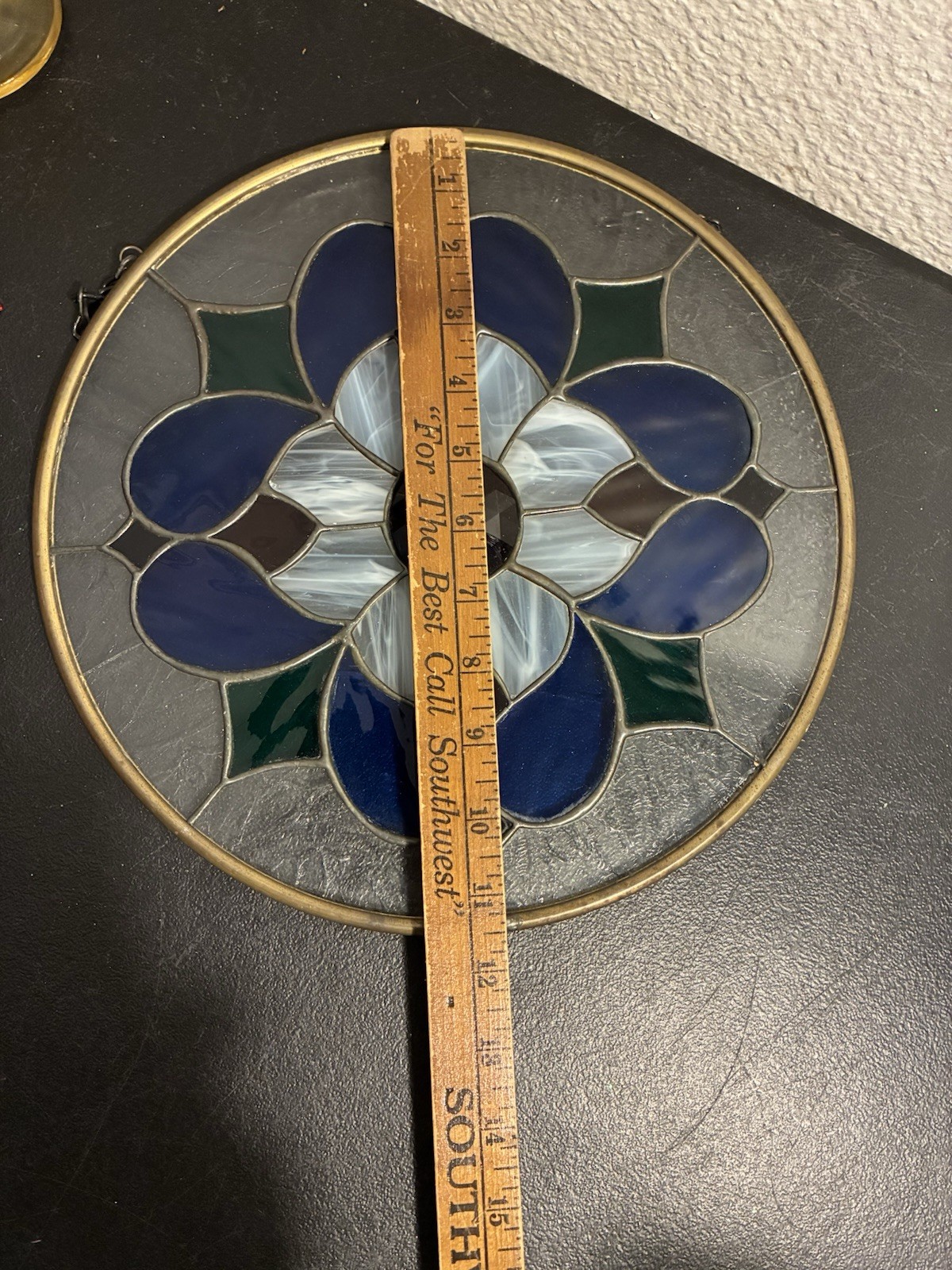 Stained Glass Leaded 11” Round Handmade Window Panel Textured Brass Sun Catcher