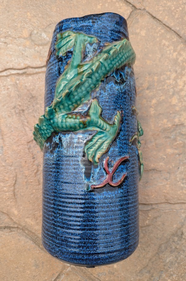 MCM Cobalt Chinese Chinoiserie Wrap Around Dragon Motif Glazed Ceramic 16″ Vase
