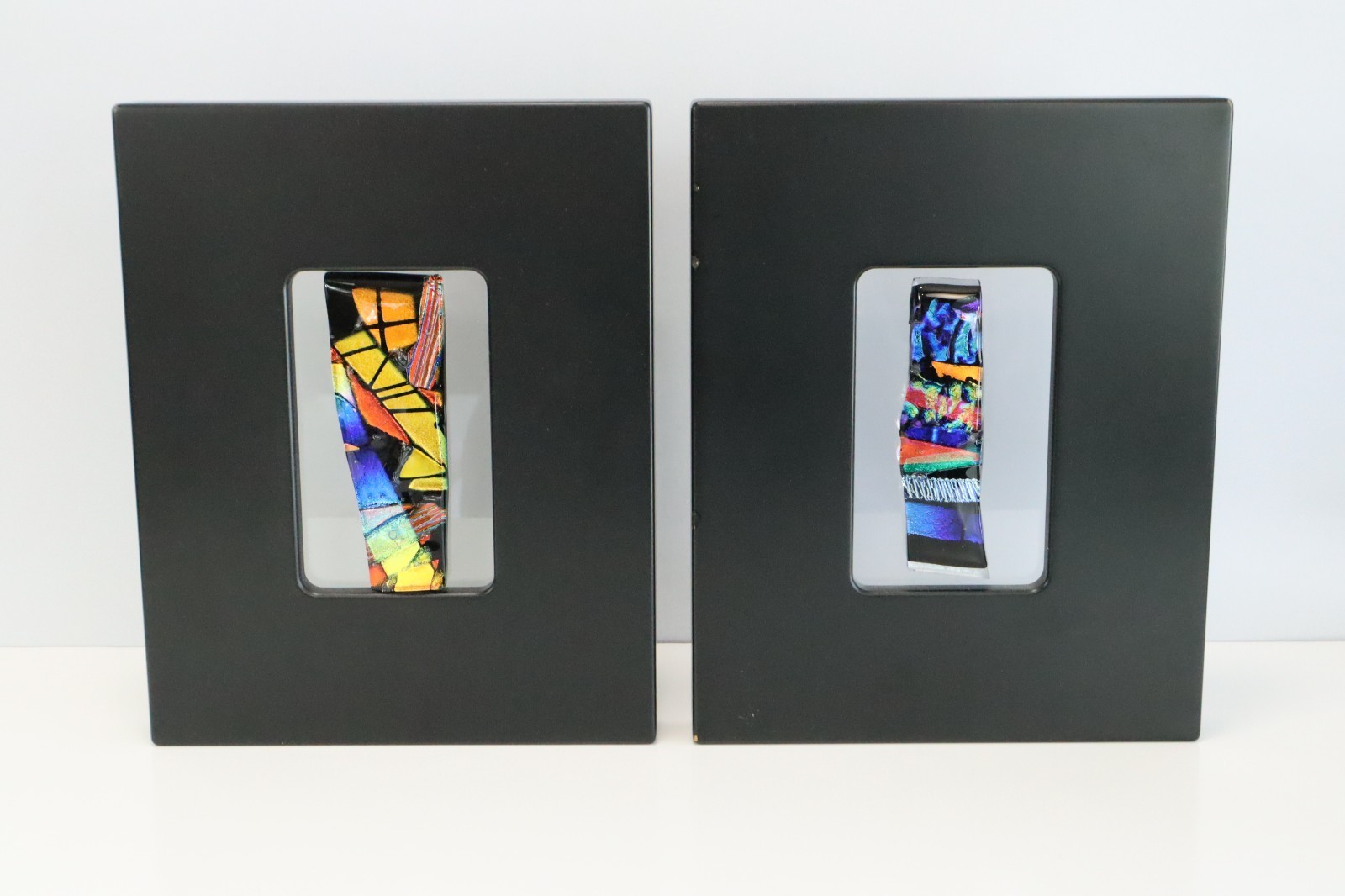 PAIR Signed Jasmine B Fused Dichroic Glass Abstract Wall Art Panels Modern Pair