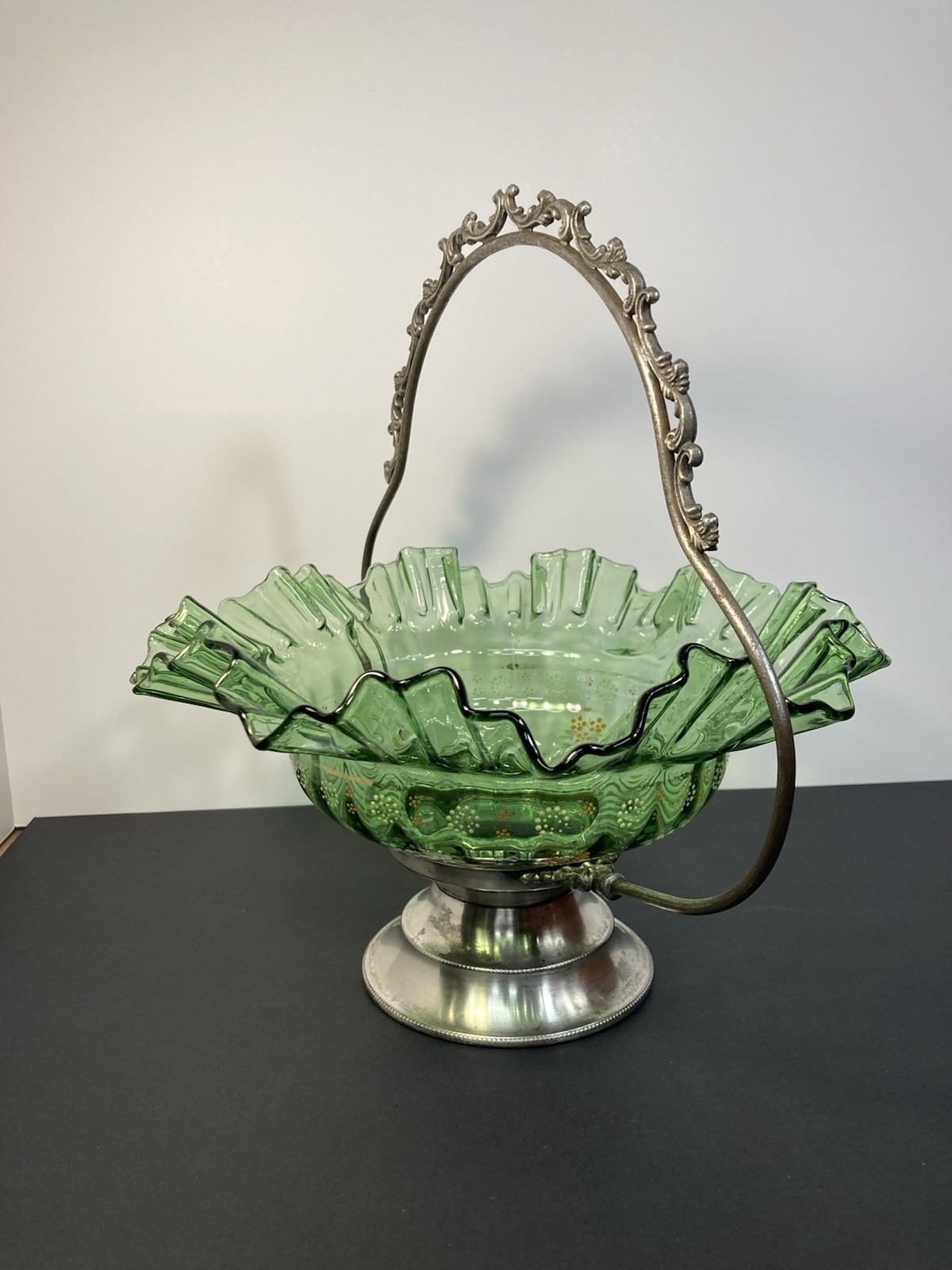 Victorian Brides Bowl/Green With Metal Stand & Enameled Flowers & Ruffled Edges