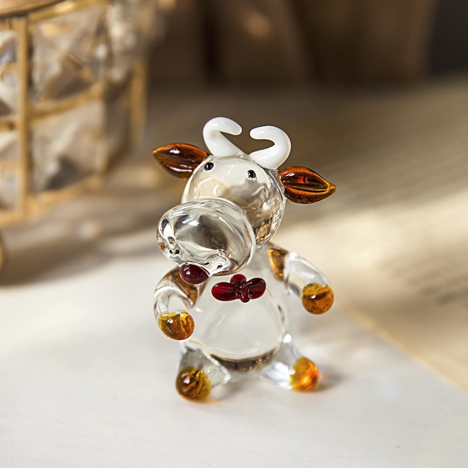 2.5″ Mini Cow Sculpture Hand Blown Glass Animal Art Farm Figurine Animals Miniat