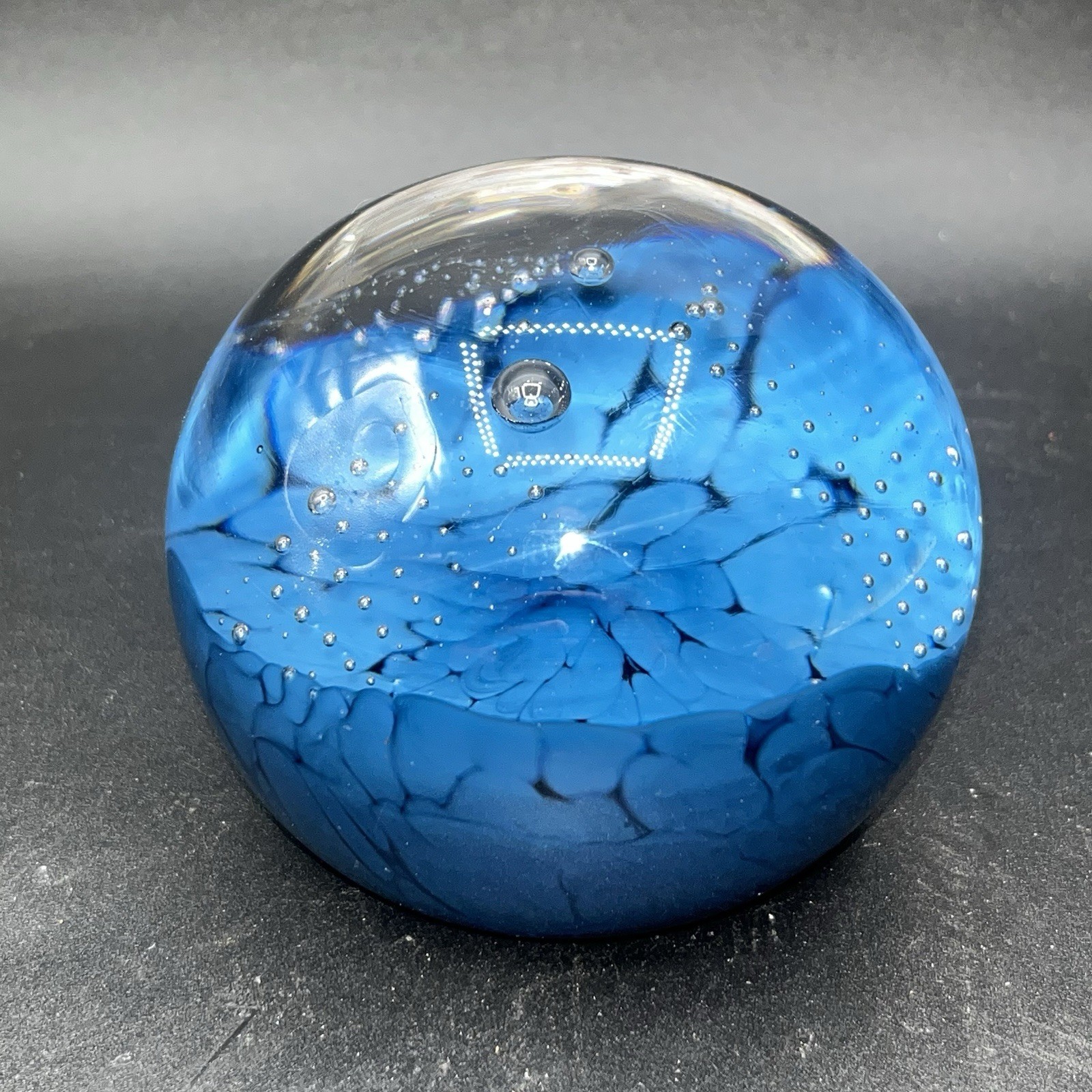 Hand Blown Art Glass Round Paperweight Clear And Blue Marked J