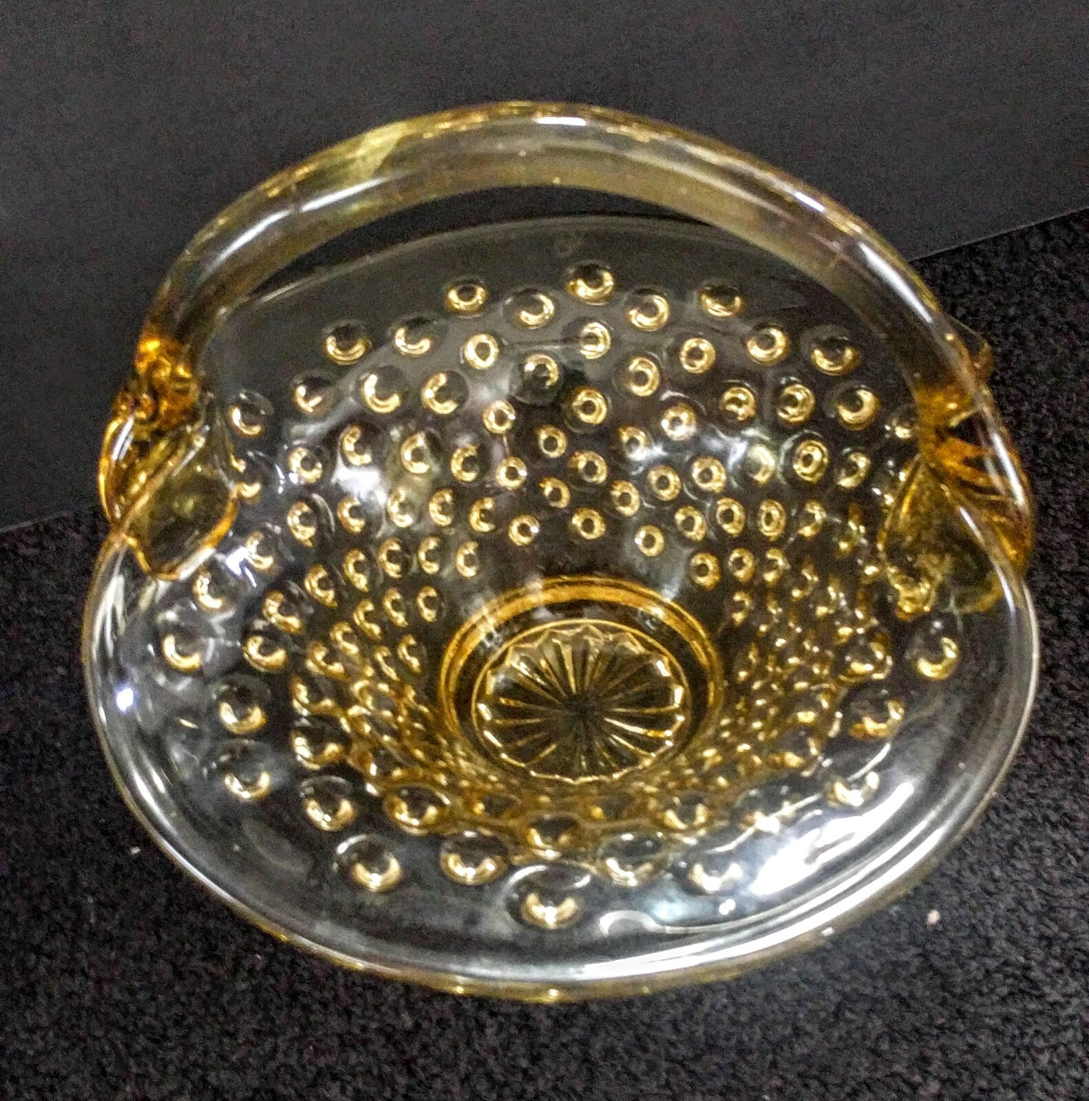 Amber Hobnail Handled Basket is 6″ Inches Wide x 2″ 
