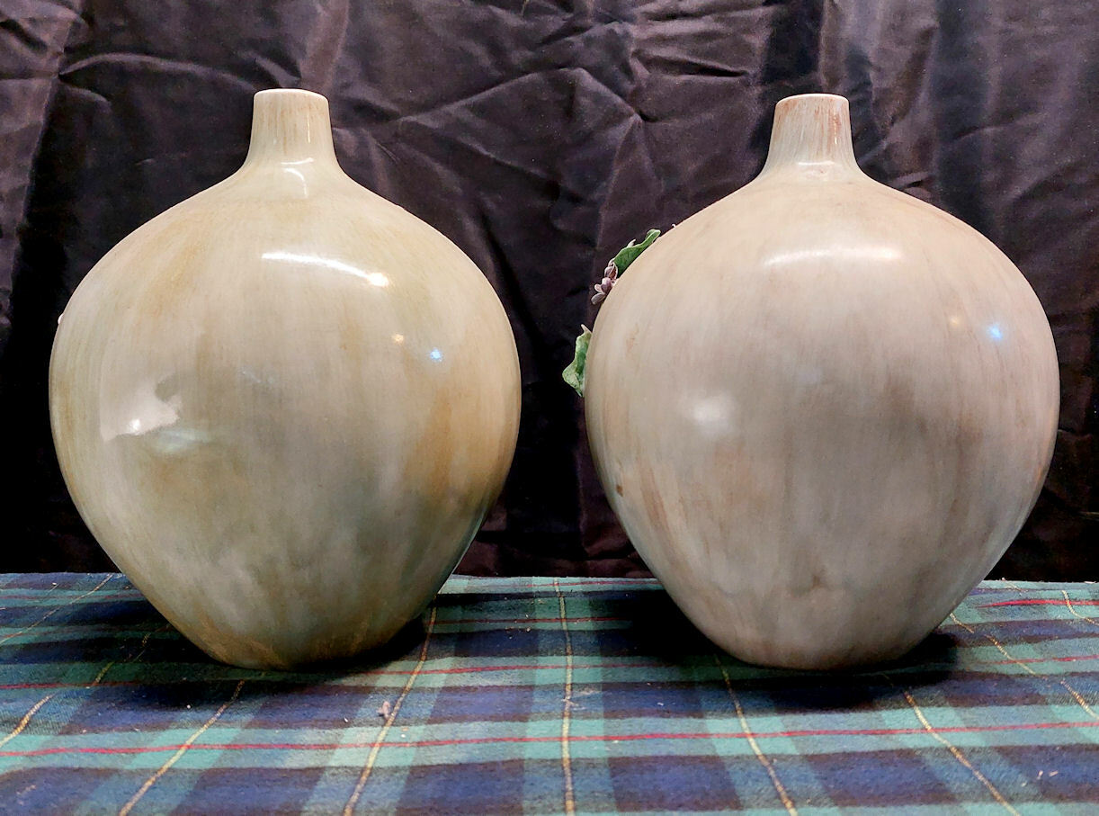 PAIR Hand Thrown Round Vases Violets & Leaves True to Nature Life-Like 9″Dia
