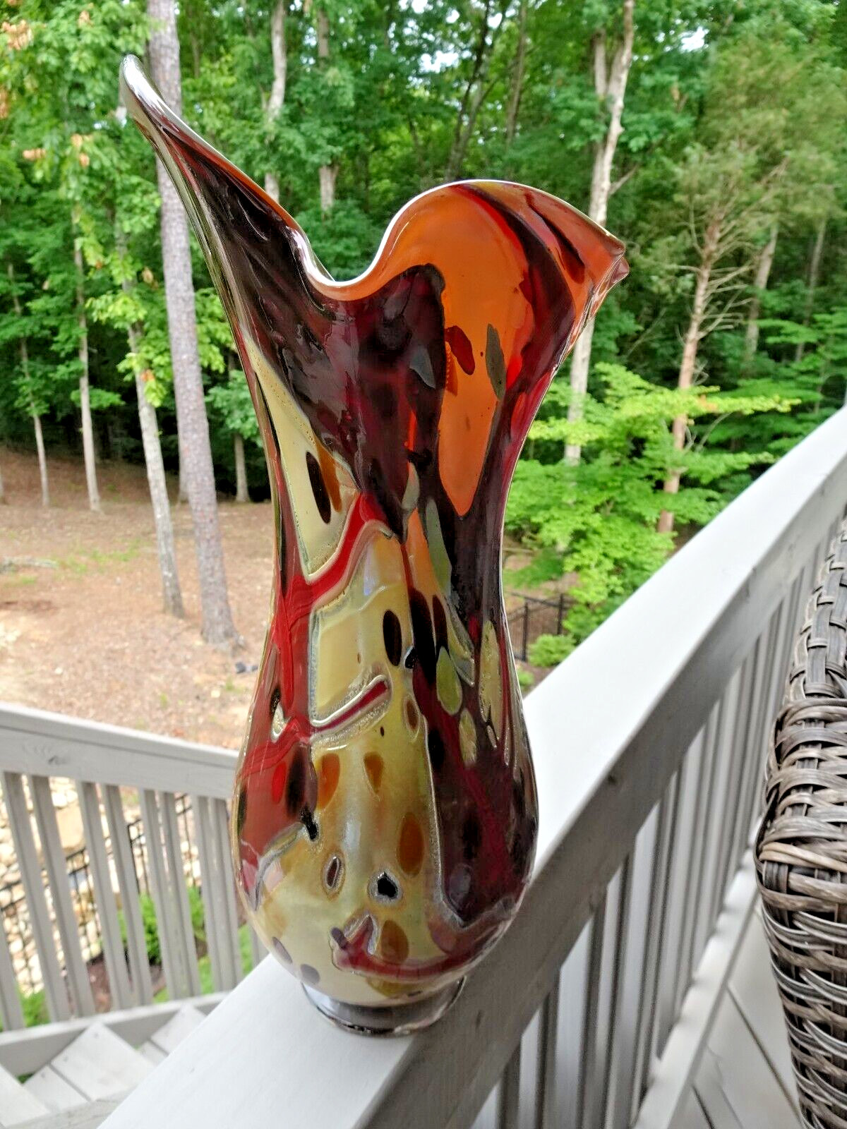Signed Sy Dowling 14.5″ Freeform Studio Art Glass “Flambe” Vase 2014