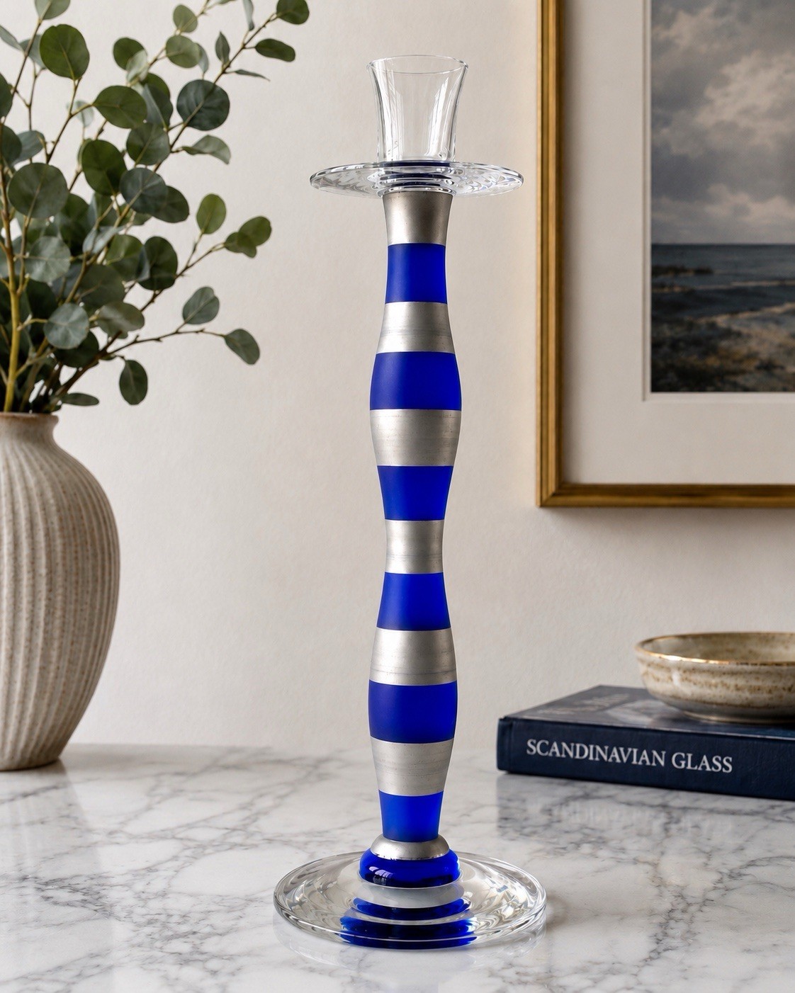 Rare Orrefors Celeste Anne Nilsson Cobalt Blue Silver Glass Candlestick 11.75”
