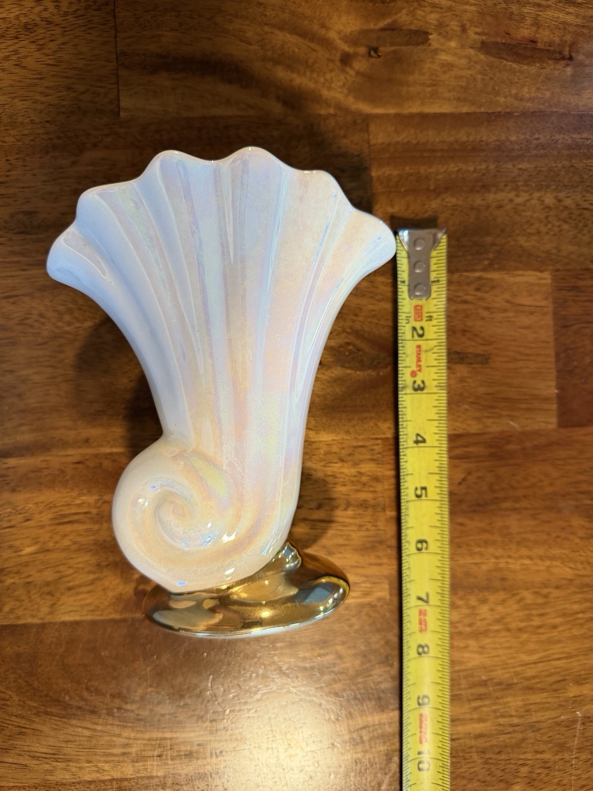 Unmarked Iridescent White Fluted Ceramic Vase Glossy Gold Base Signed 7 in