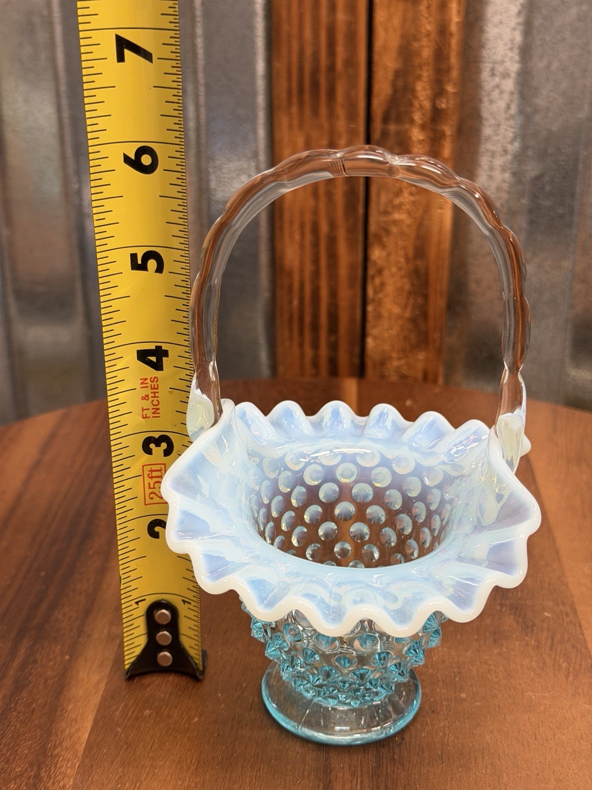 Vintage Aqua Opalescent Hobnail Glass Basket Ruffled Rim Applied Handle